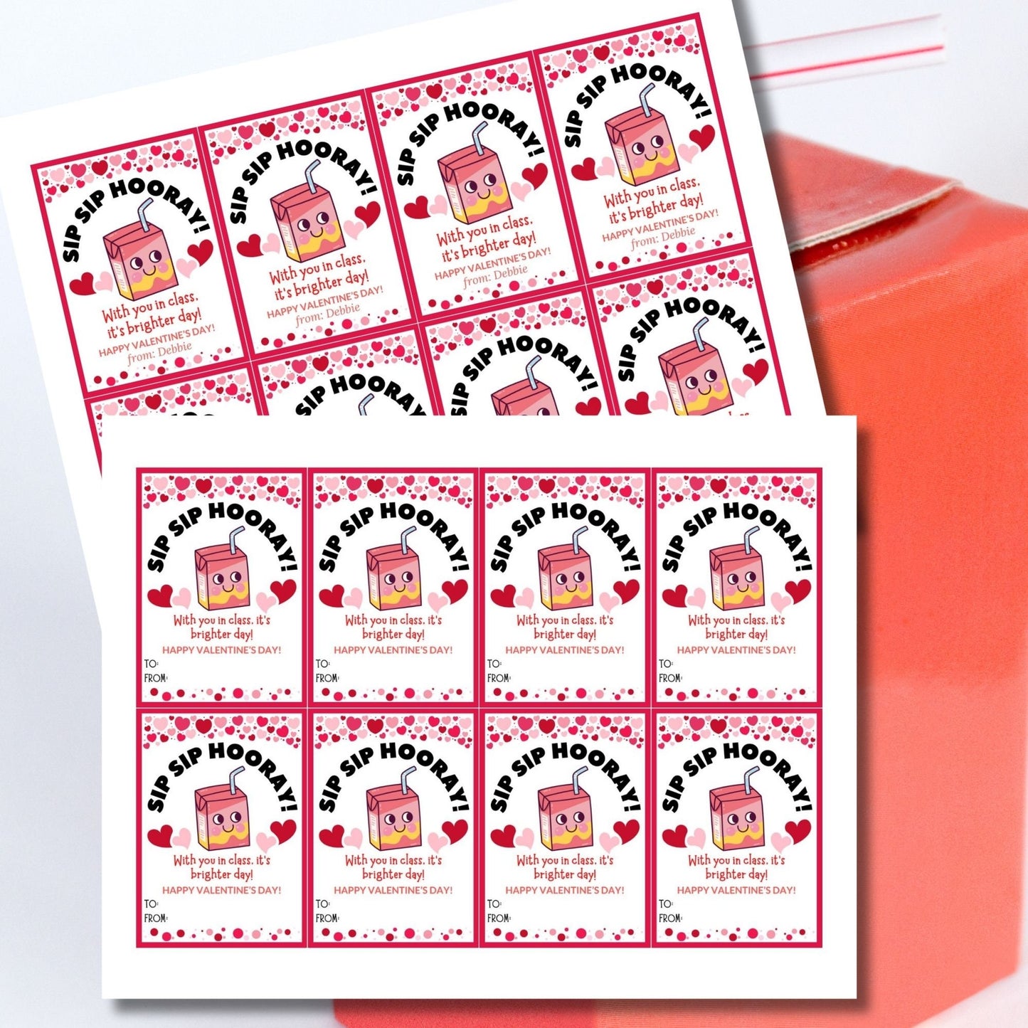Sip Hooray Juice Drink Valentine Printable Gift Tag | Kids Class Friend Valentines | Tetra Carton Box Label | Preschool Valentine