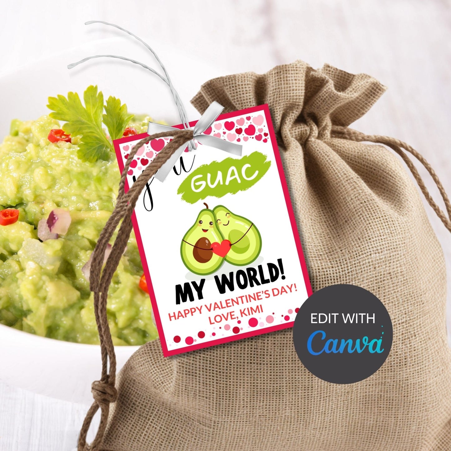 You Guac My World Valentine Printable Editable Card Tag | Cinco De Mayo Food Pun Tag | Avocado Sticker | Avocado Card | Funny Card