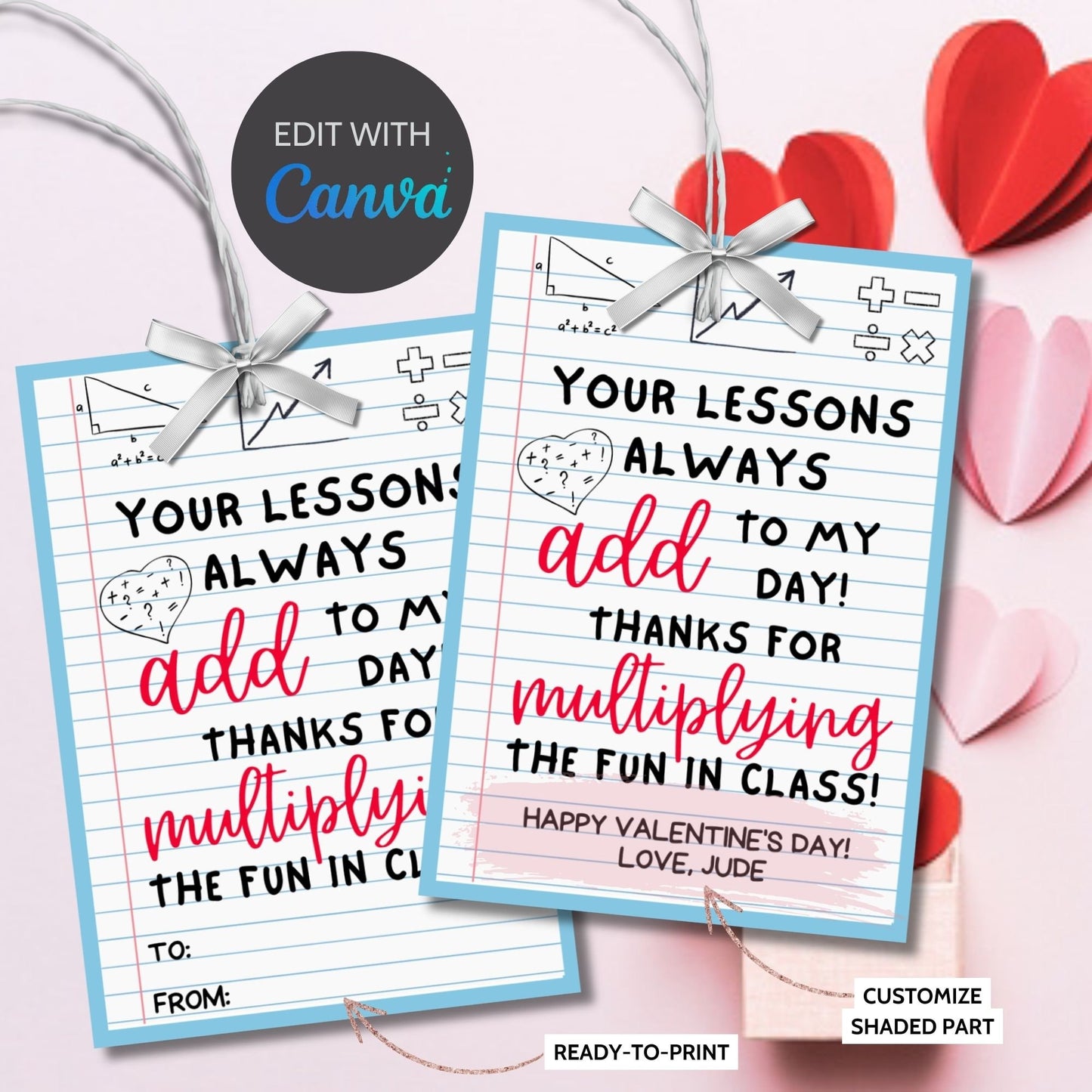 Math Teacher Valentine Gift Tag | Thank You Tag | Educator Student Teacher Staff | Teacher Valentines | Easy | Add Multiply
