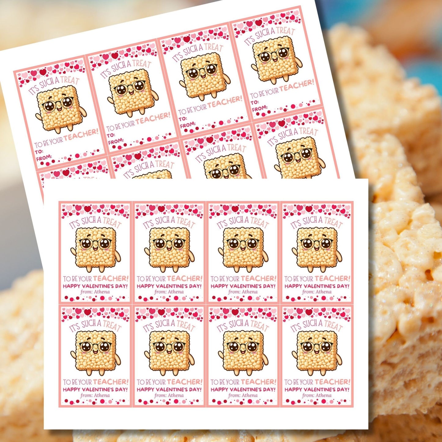 From Teacher To Students Rice Krispy Treat Printable Valentine | Rice Crispies | Teacher Educator Staff Friend Snack Bars | Editable Name