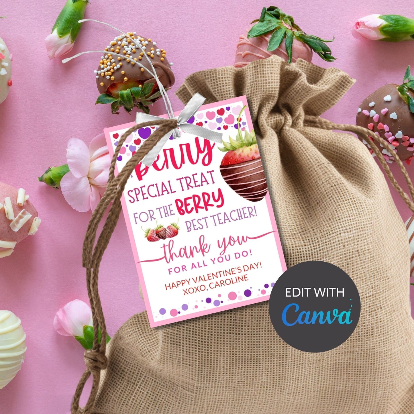 Berry Valentine Printable Tag | Teacher Kid Class School Valentines | Chocolate Dipped Strawberry | Berry Special Treat | Berry Best Teacher
