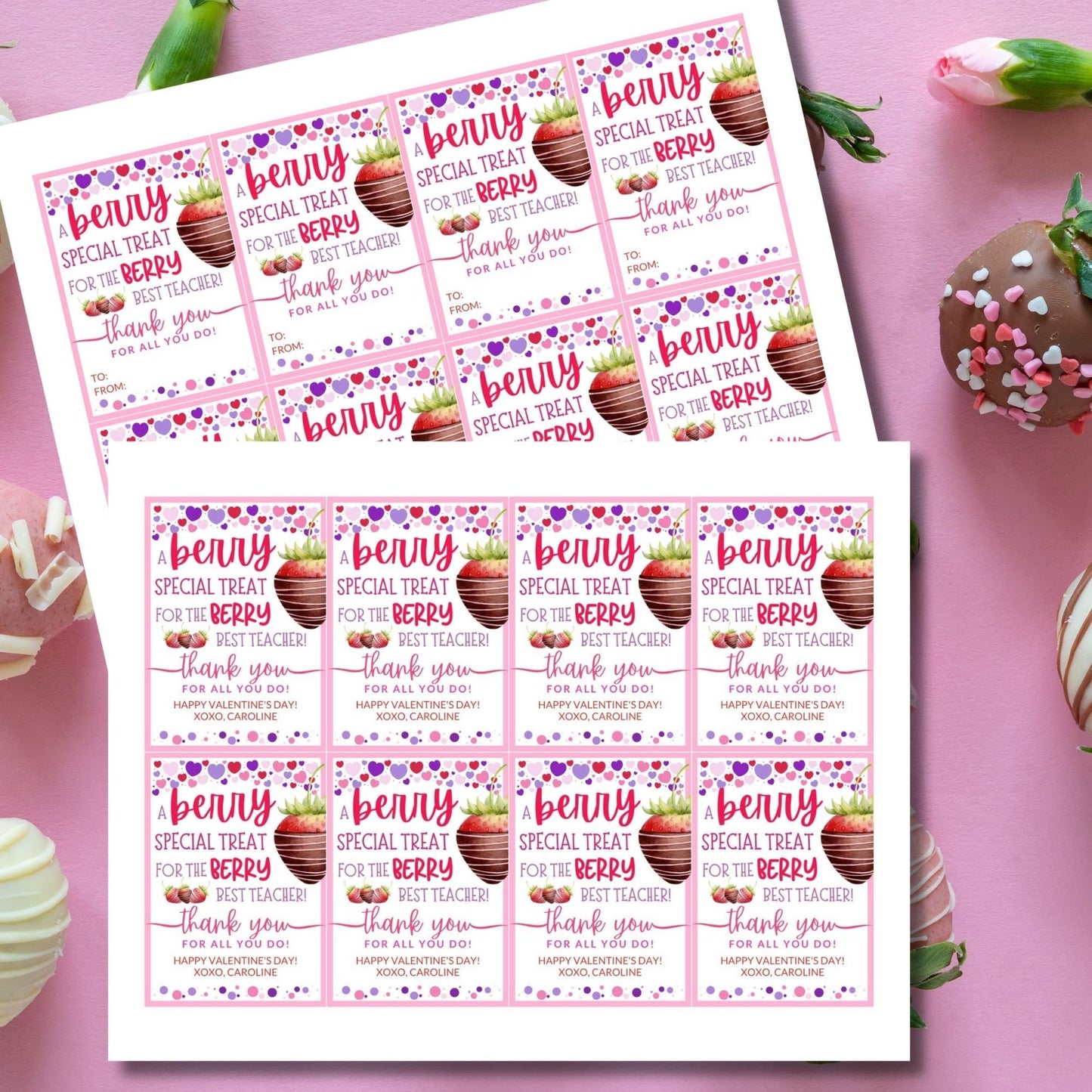 Berry Valentine Printable Tag | Teacher Kid Class School Valentines | Chocolate Dipped Strawberry | Berry Special Treat | Berry Best Teacher