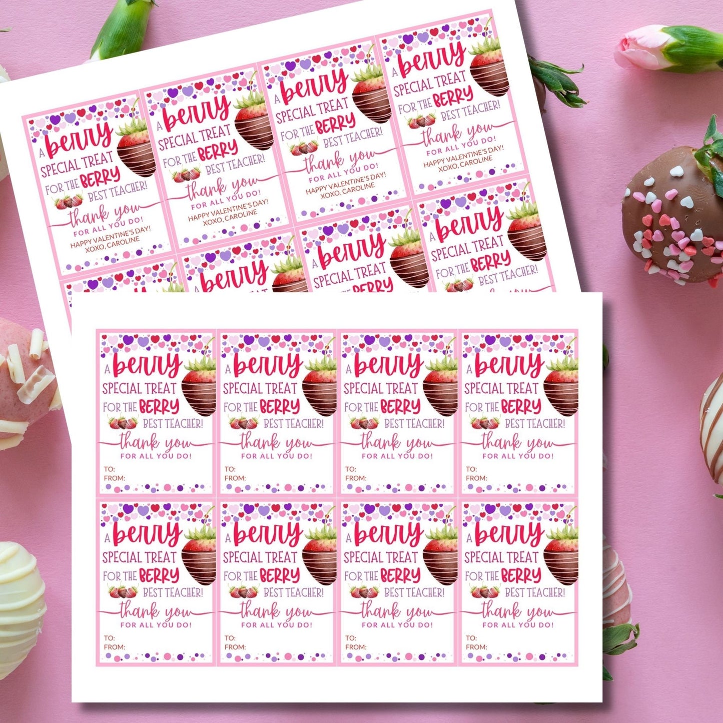 Berry Valentine Printable Tag | Teacher Kid Class School Valentines | Chocolate Dipped Strawberry | Berry Special Treat | Berry Best Teacher