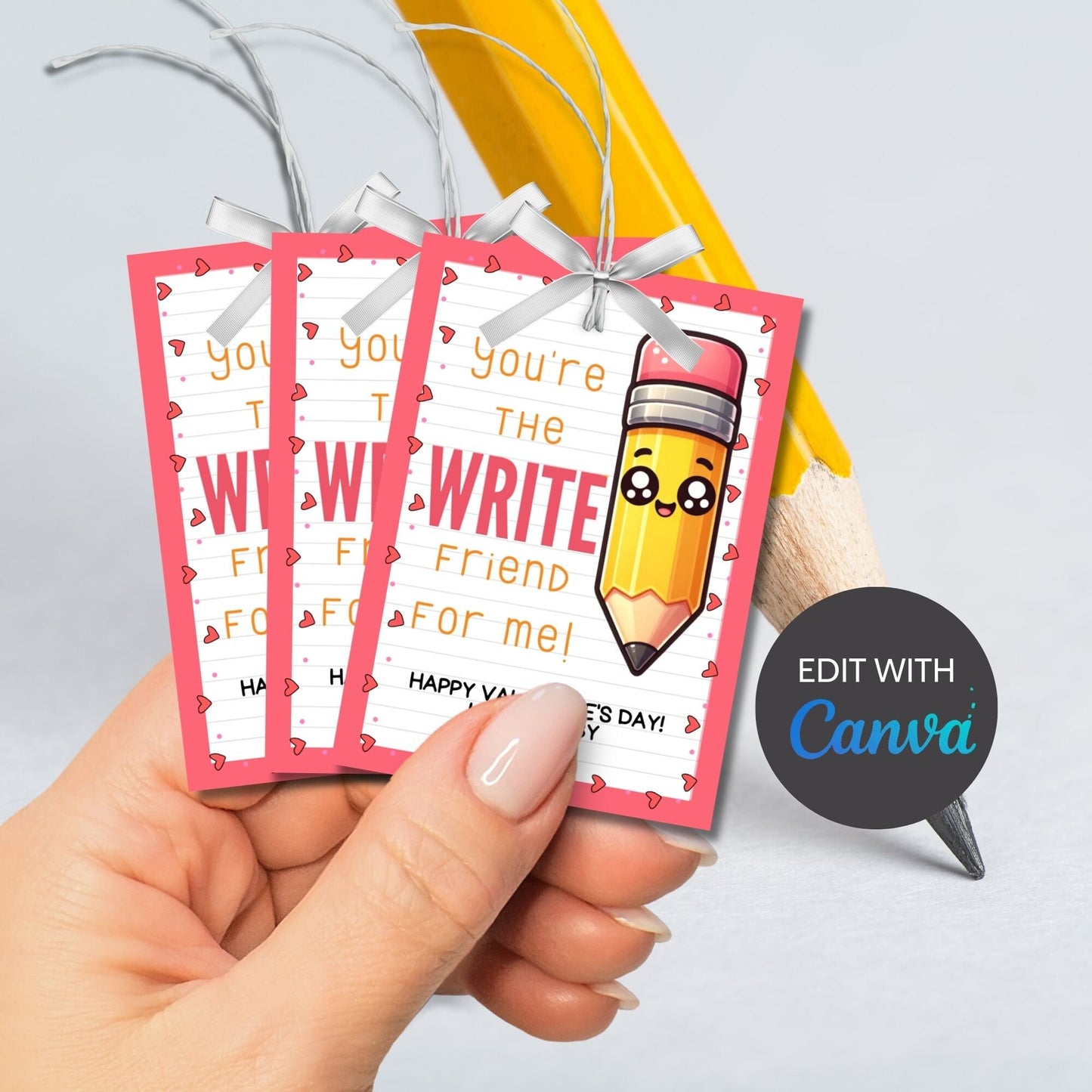 Pencil Valentine Printable Tags | Youre The Write Friend | Pencil Tag Valentines Day Printable | Kids Class Student Friend Valentine Cards