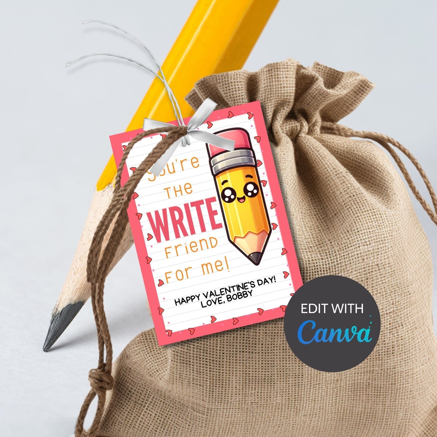 Pencil Valentine Printable Tags | Youre The Write Friend | Pencil Tag Valentines Day Printable | Kids Class Student Friend Valentine Cards