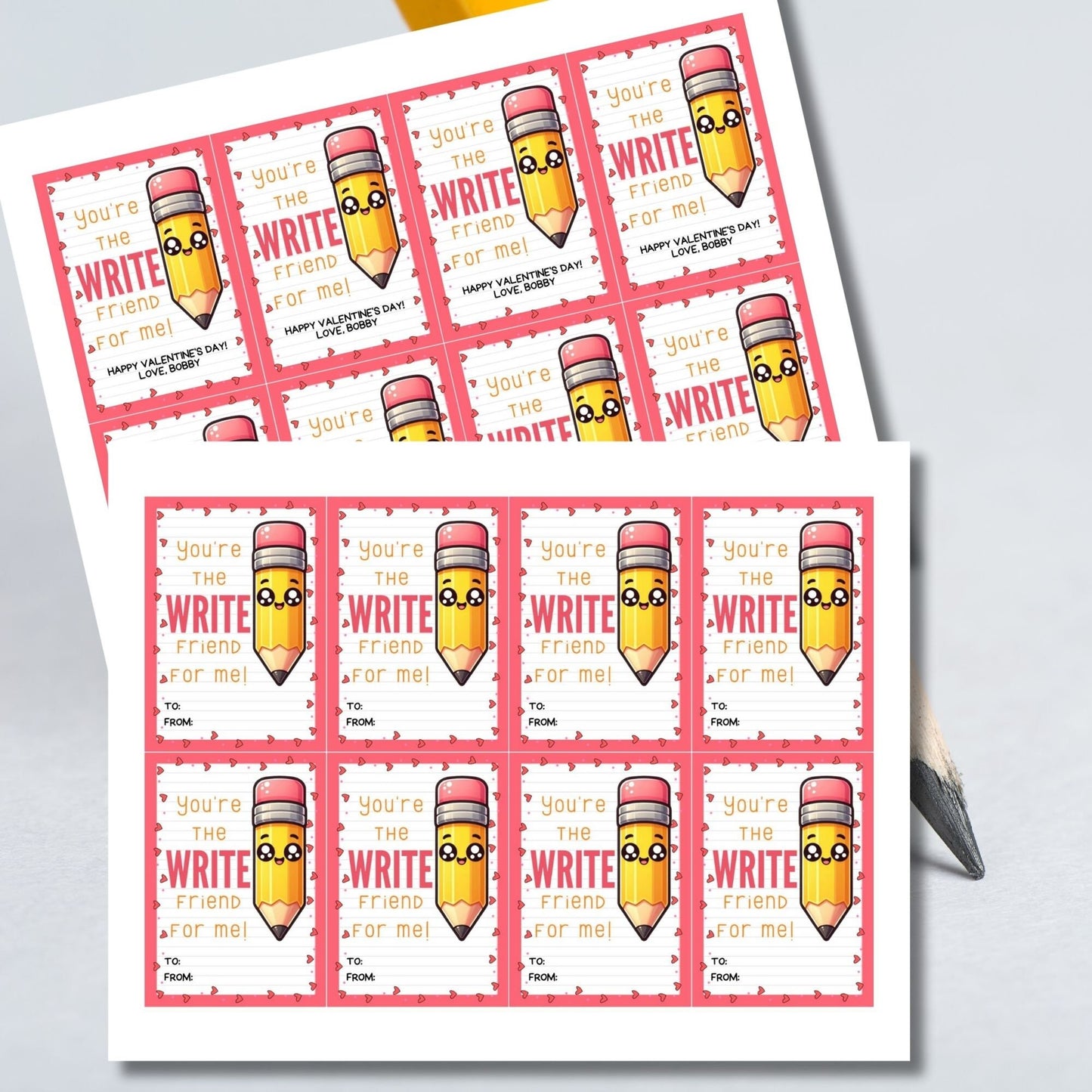Pencil Valentine Printable Tags | Youre The Write Friend | Pencil Tag Valentines Day Printable | Kids Class Student Friend Valentine Cards