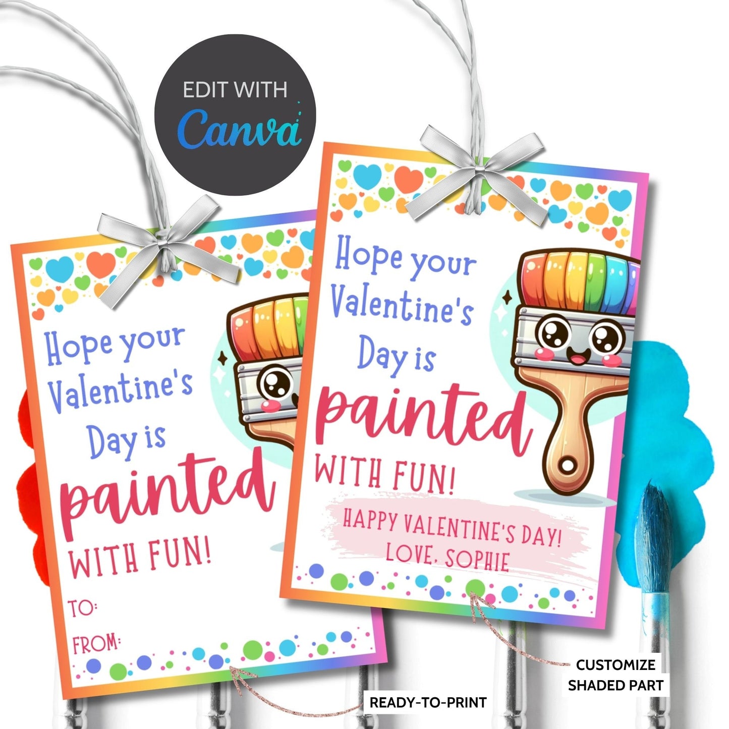 Paint Printable Valentine Tag | Painted Fun | Instant Download | Valentine Art Tag | Toddler Kids Class Students Colorful Valentines
