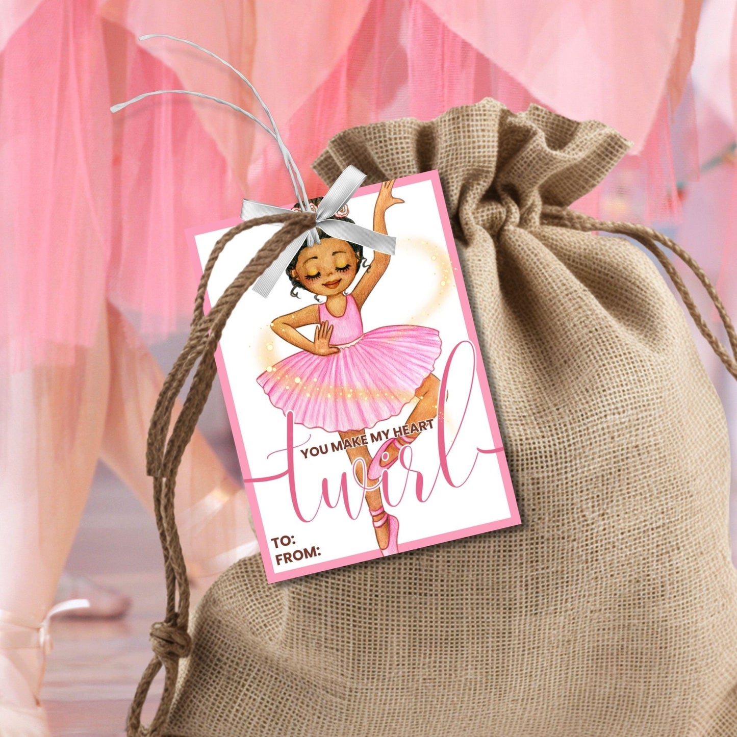 Ballerina Scrunchie Kids Valentine Printable Editable Card Tag | You Make My Heart Twirl | Ballerina School Valentine Scrunchie Card