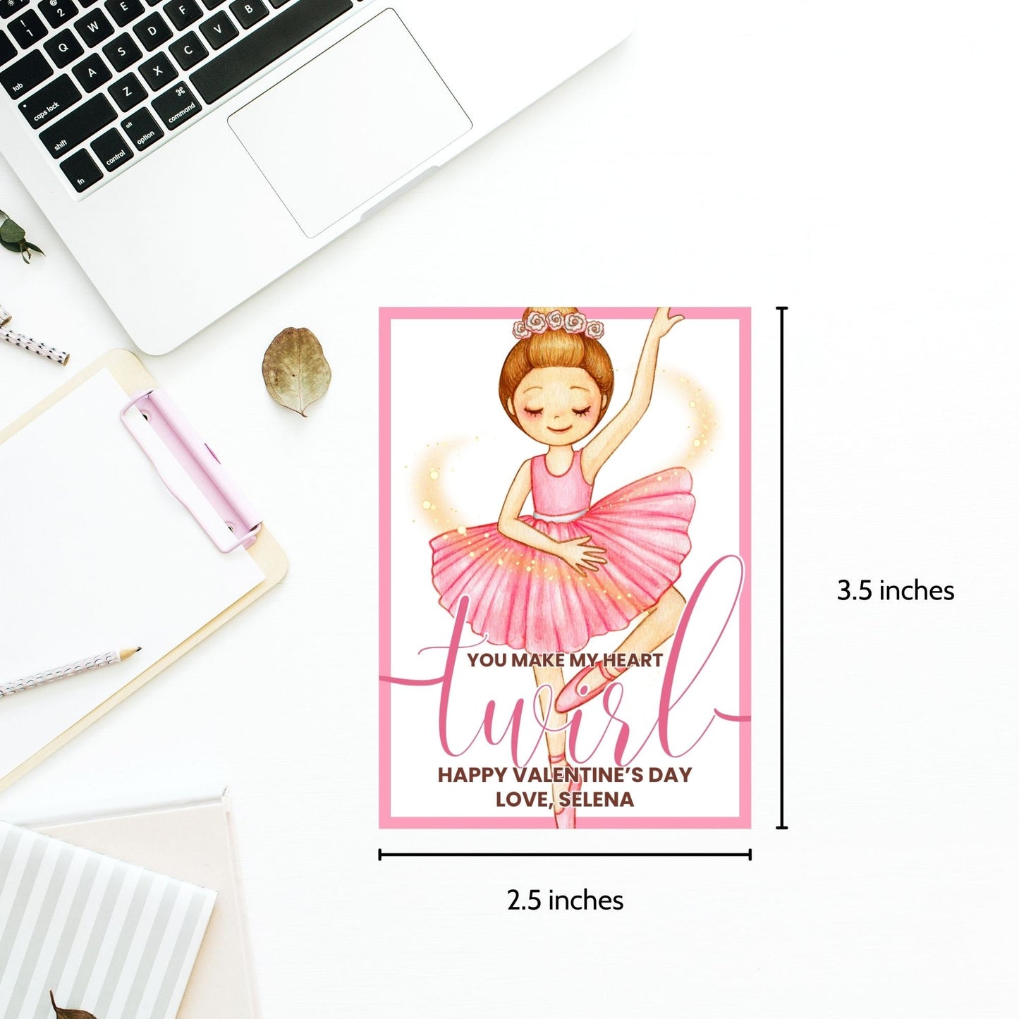 Ballerina Scrunchie Kids Valentine Printable Editable Card Tag | You Make My Heart Twirl | Ballerina School Valentine Scrunchie Card