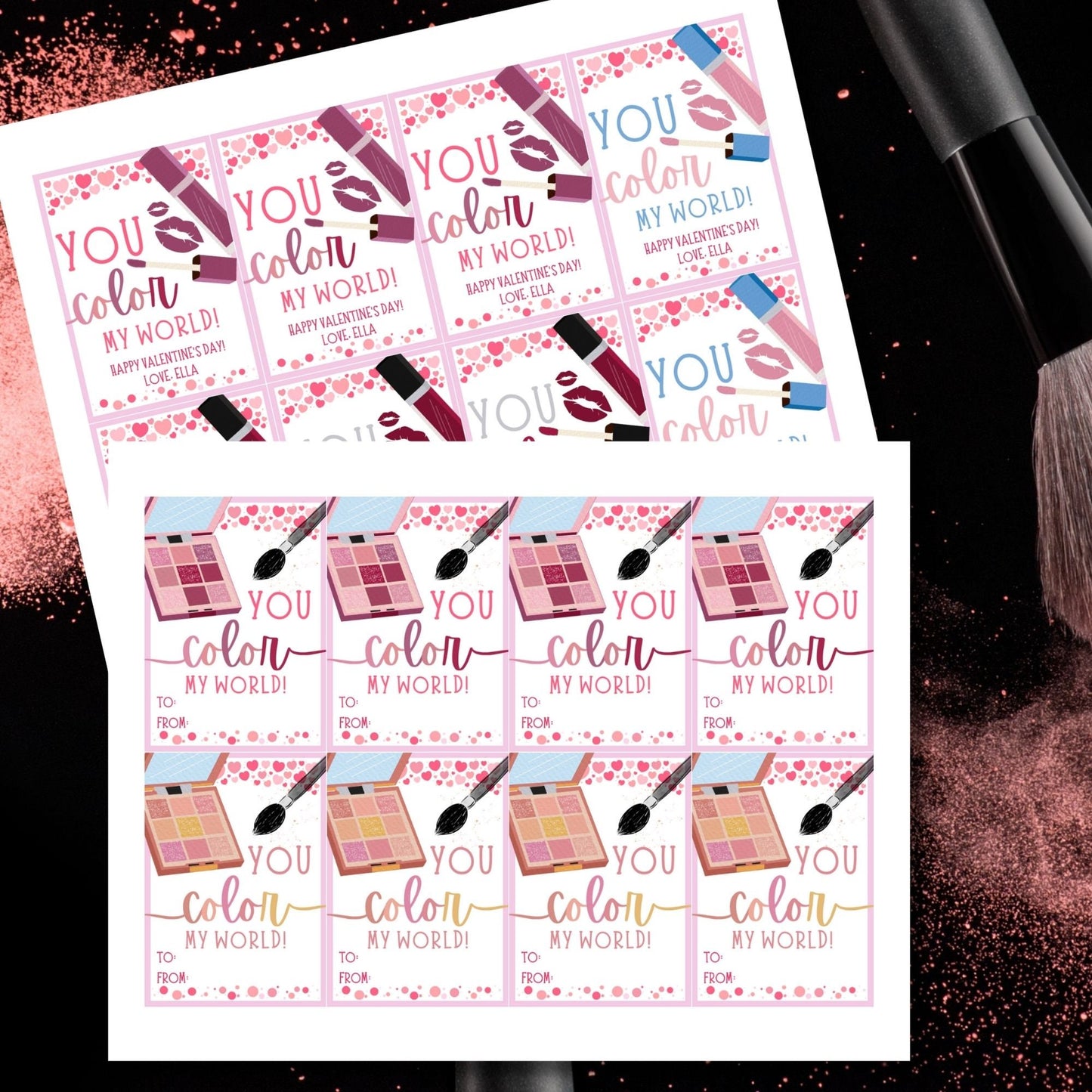 Lipstick Lip Gloss Eyeshadow Makeup Valentine Tag Bundle | You Color My World | Galentine Girlfriend Sister Friend Printable Editable Tag