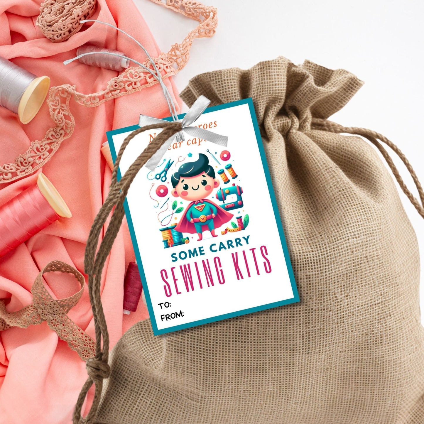 Sewing Valentine Tag Boy | Not All Heroes Wear Capes | Teacher Appreciation Class NonCandy Printable Editable Tag | Stitch | Sewing Kits