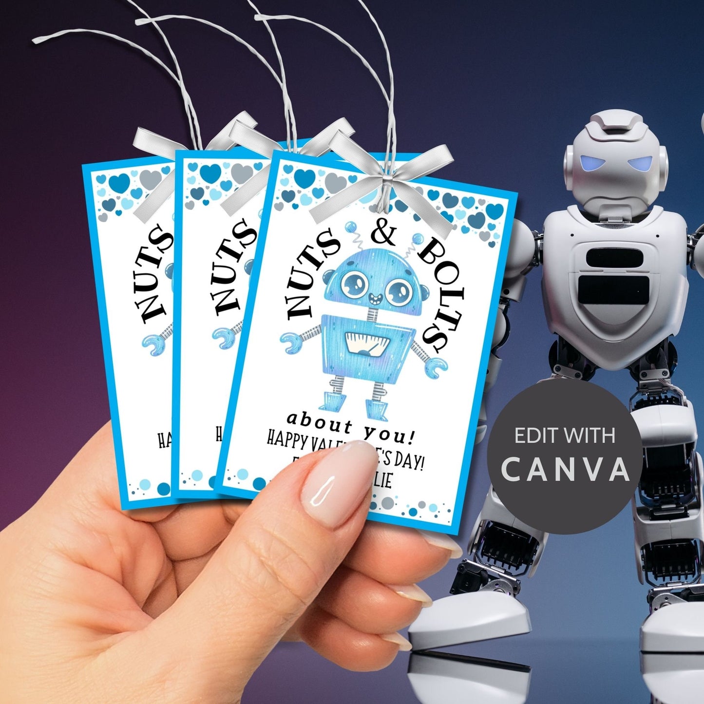 Robot Valentines Boy Printable Editable Gift Tag | Nuts Bolts About You | Class School Friend Valentines | Robot Love