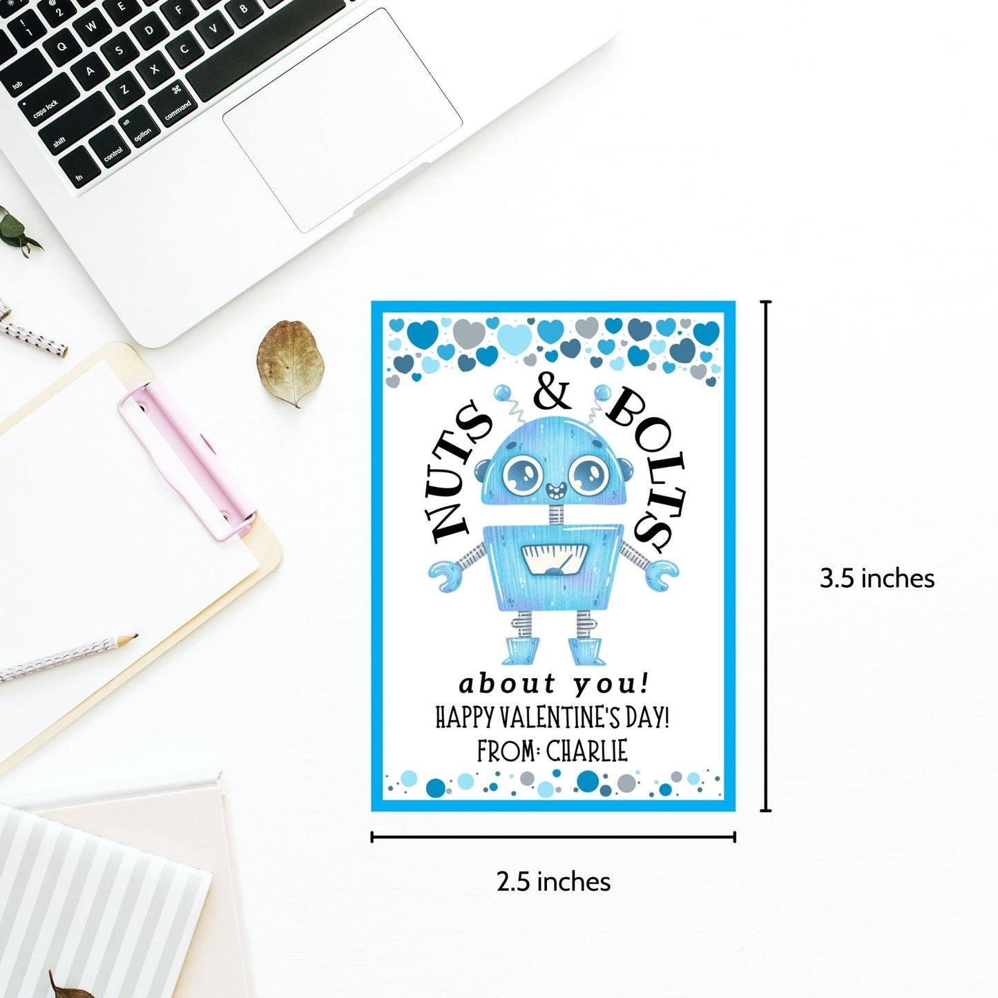 Robot Valentines Boy Printable Editable Gift Tag | Nuts Bolts About You | Class School Friend Valentines | Robot Love