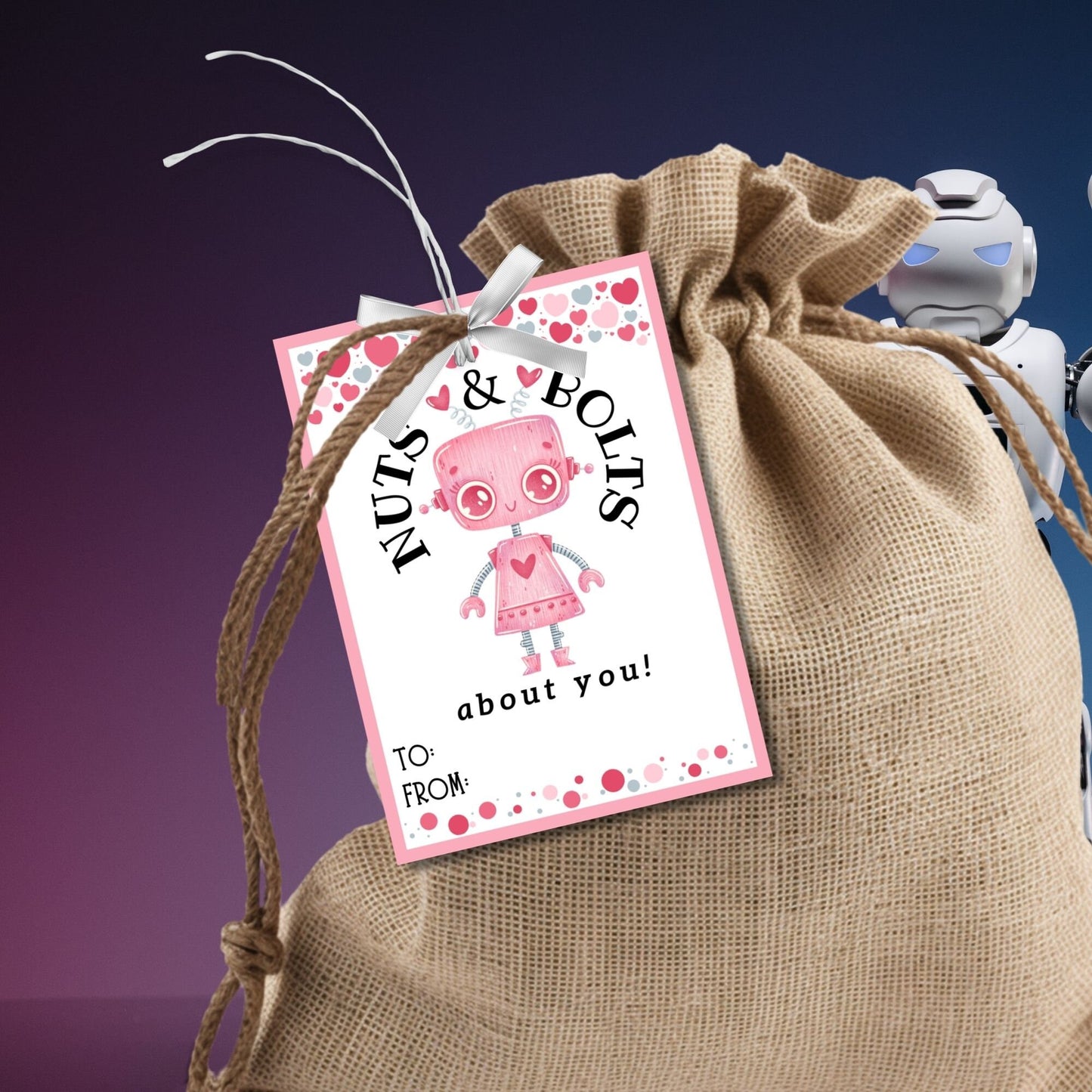Robot Valentines Girl Printable Editable Gift Tag | Nuts Bolts About You | Class School Friend Valentines | Robot Love
