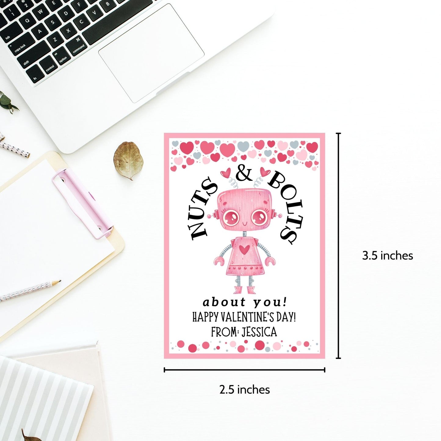 Robot Valentines Girl Printable Editable Gift Tag | Nuts Bolts About You | Class School Friend Valentines | Robot Love