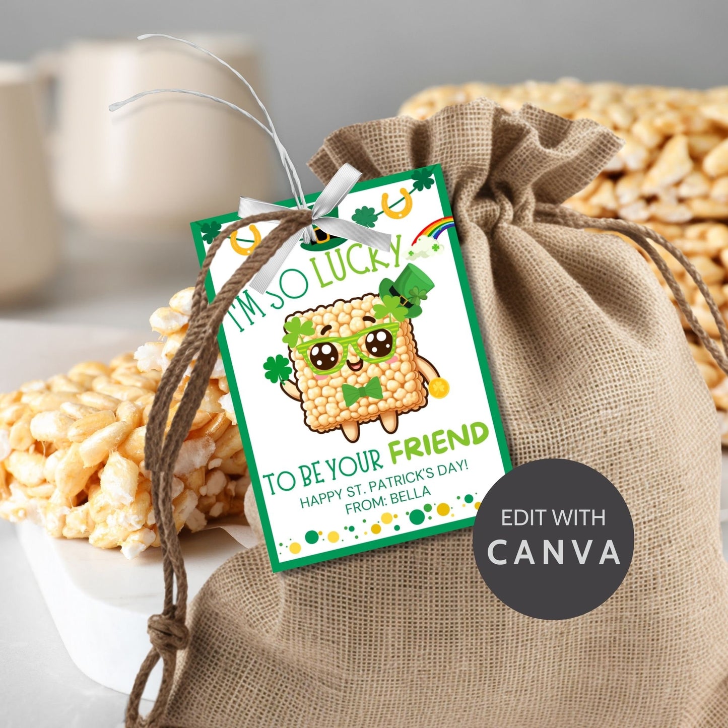 Rice Krispy Crispies Treat Printable Editable Gift Tag Girl Boy Snack Bars Classmate Classroom Employee Staff Coworker Friend Client
