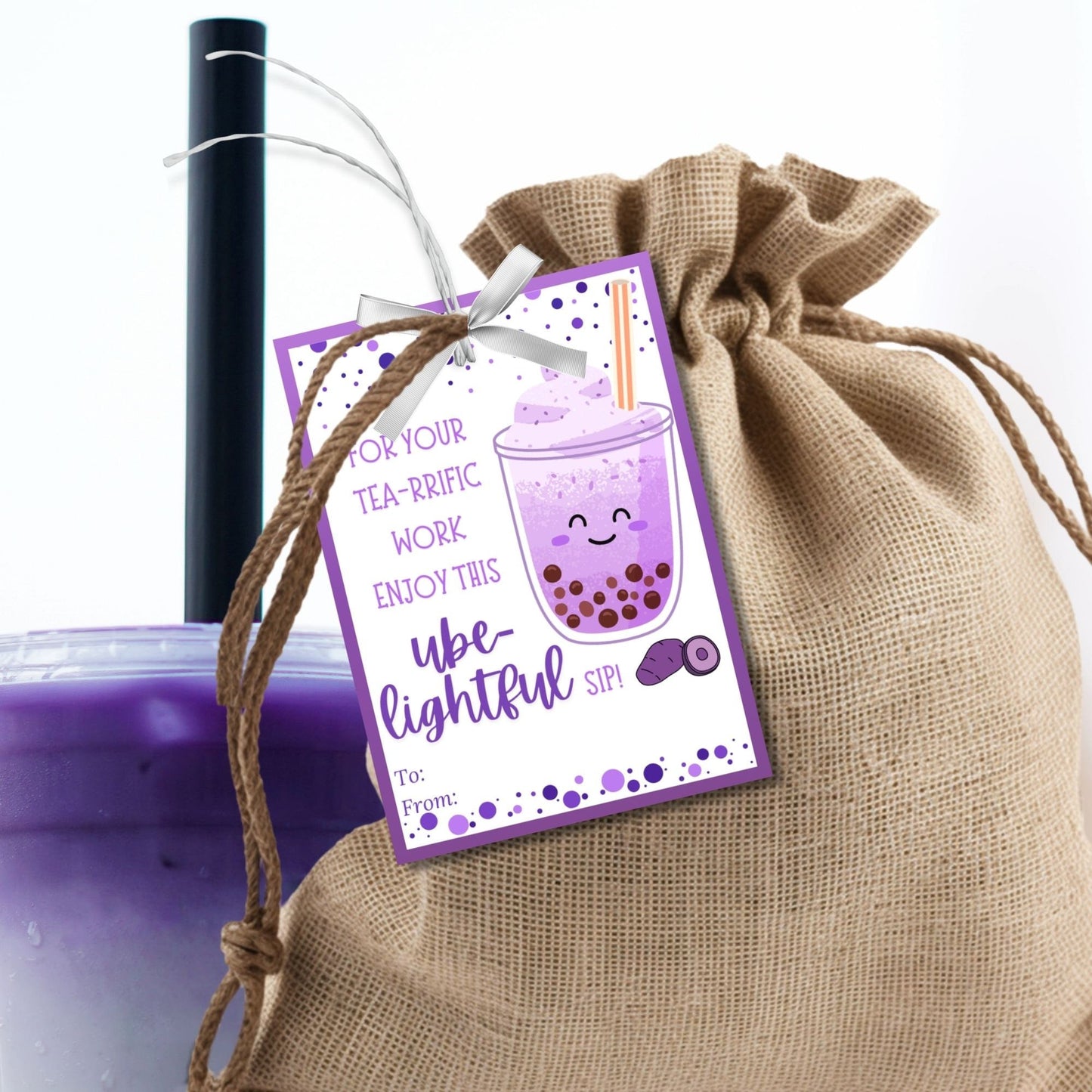 Ube Boba Bubble Tea Employee Teacher Appreciation Tag | Teacher Bus Driver Friend Coworker Staff Office | Ube Lover | Filipino Ube Dessert