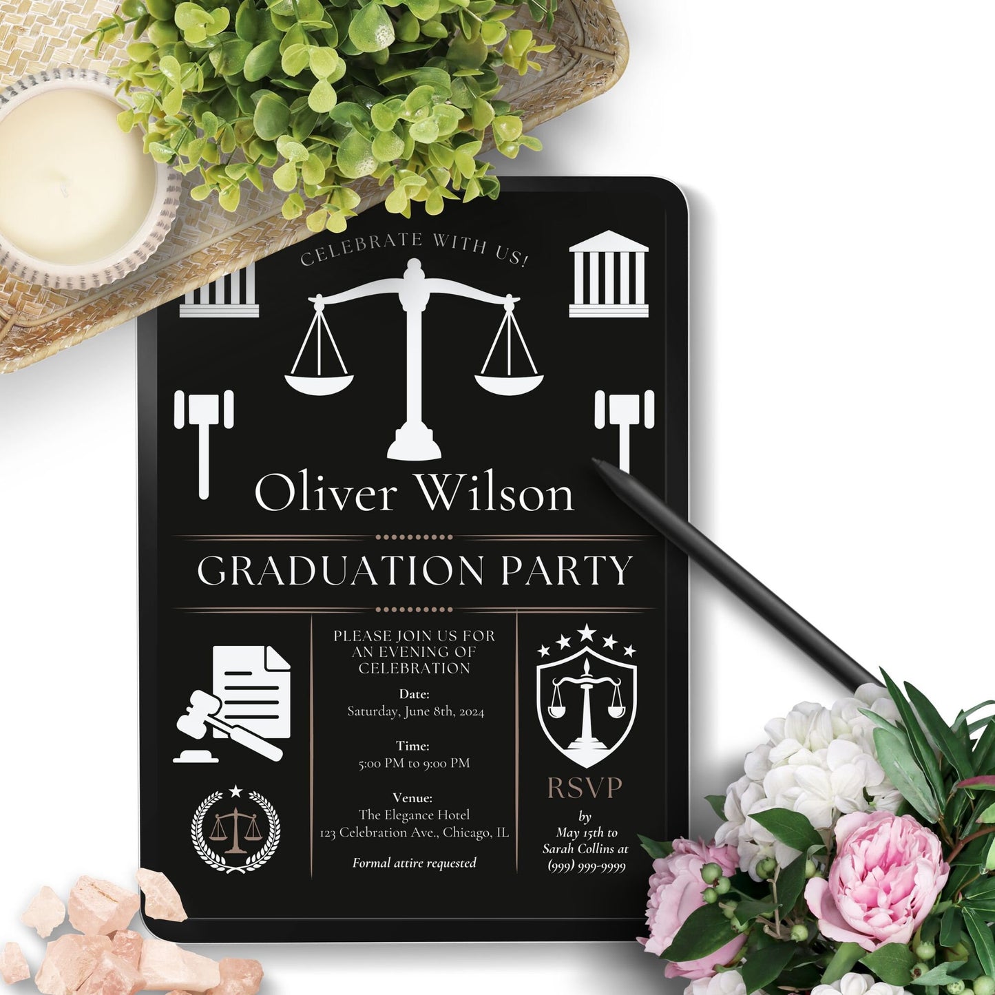 Law School Graduation Invitation Template | Law School Invite Boy | Law School Graduate Evite Announcement | Paralegal Graduation Party