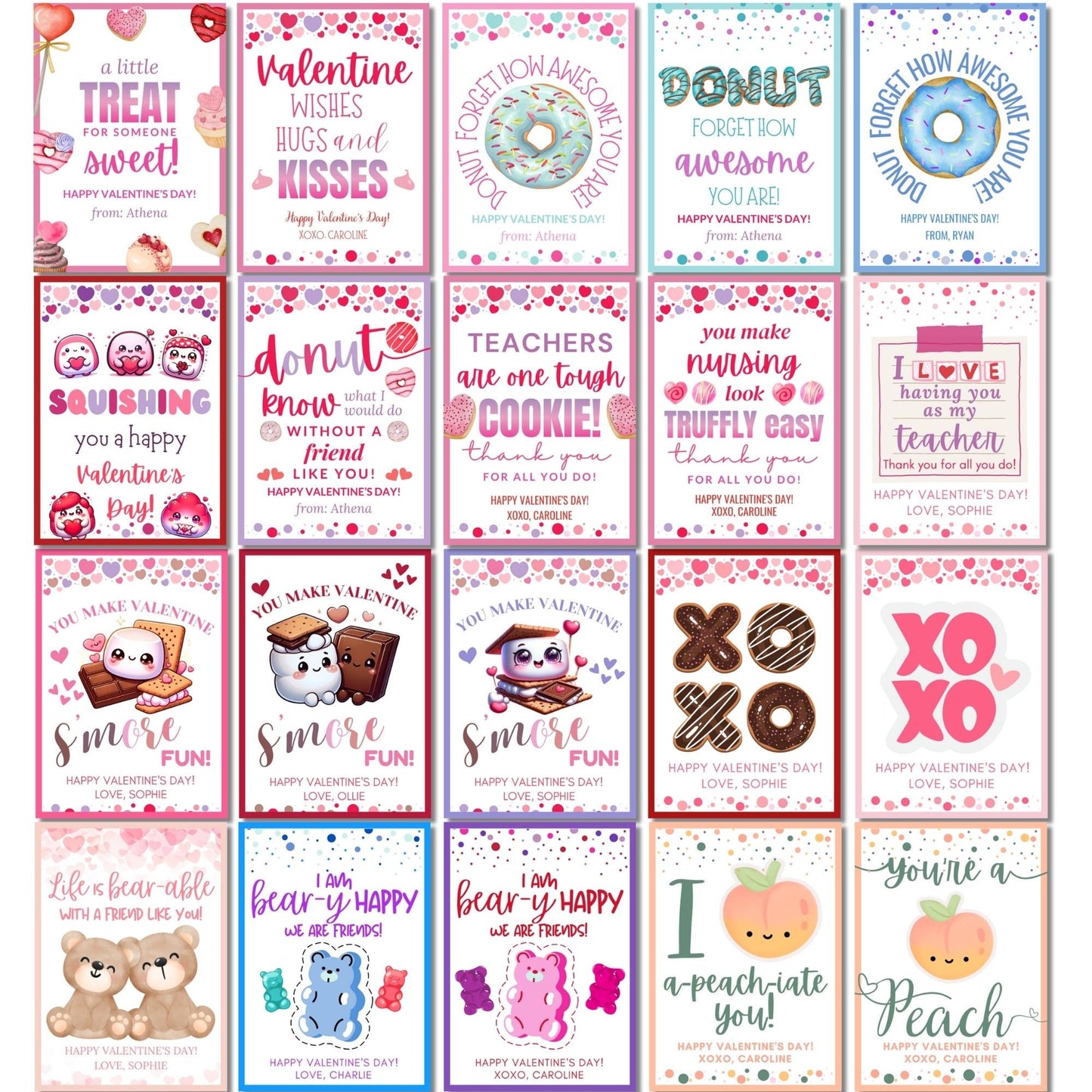 Eight colorful printable gift tags with candy and sweet treat motifs, and text "You're the SWEETEST part of my day! Thank you for all you do!" with editable name field.