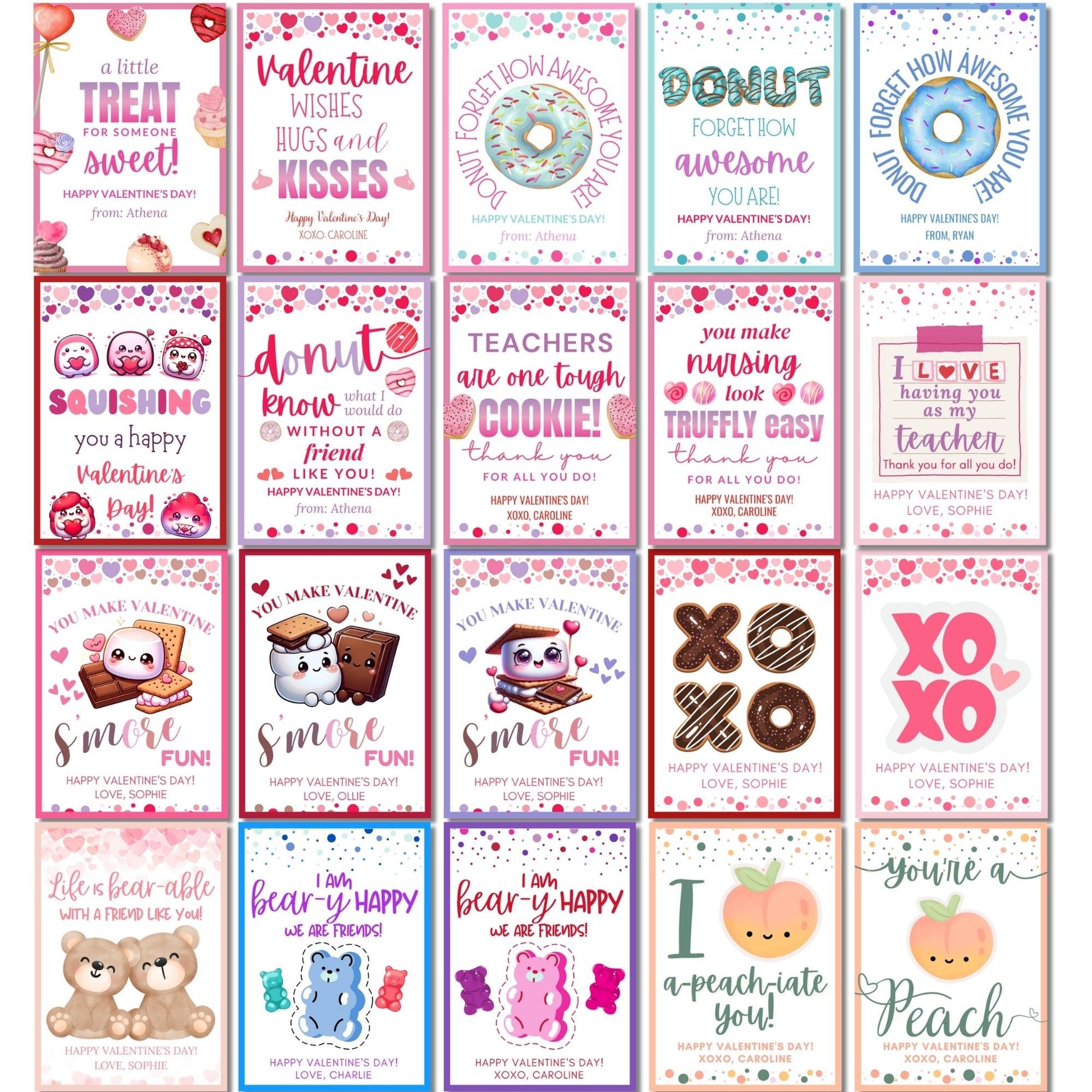 Eight colorful printable gift tags with candy and sweet treat motifs, and text "You're the SWEETEST part of my day! Thank you for all you do!" with editable name field.