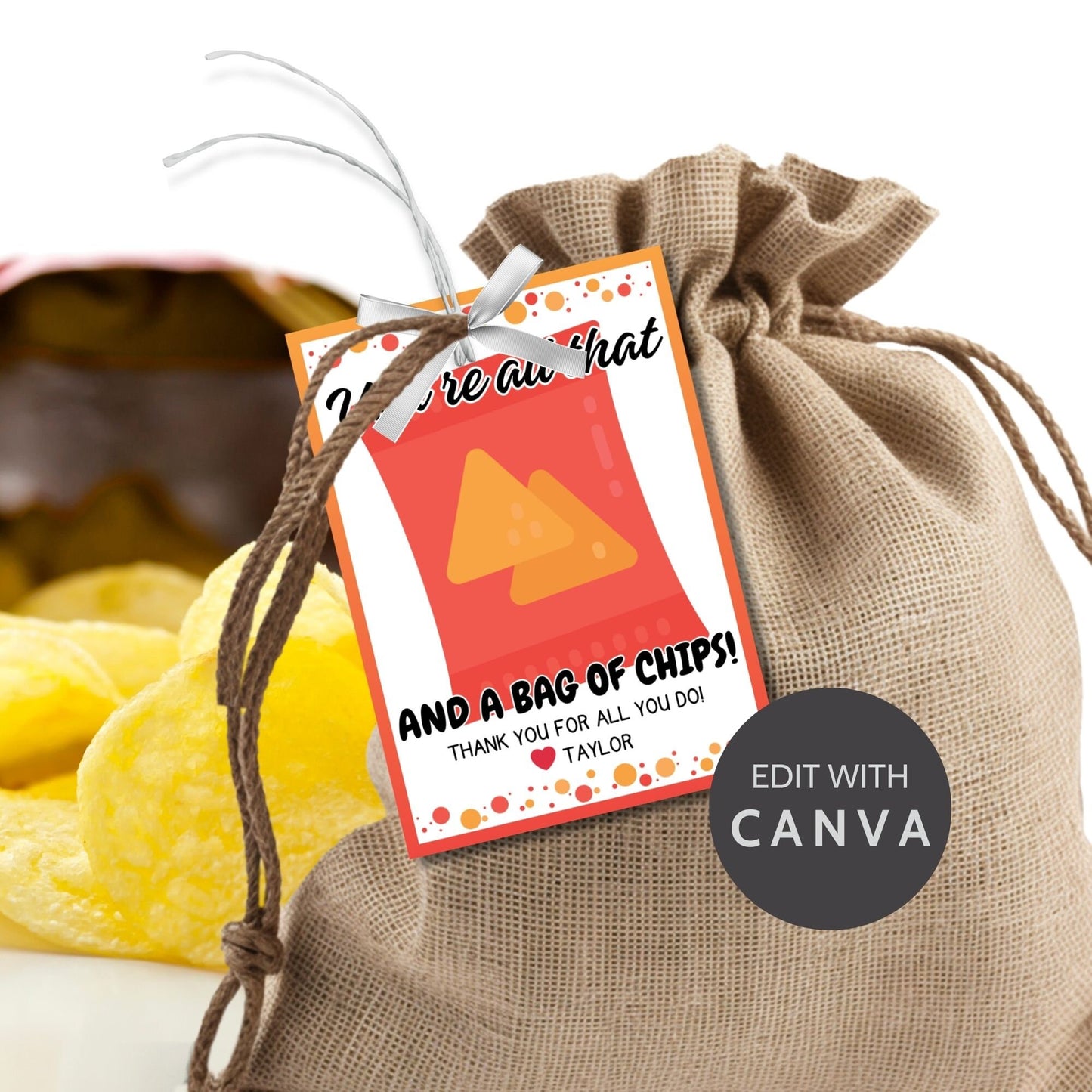 16 designs printable gift tags with various chip bag designs, with the phrase Youre all that and a bag of chips! Thank you for all you do! Editable name slot included.
