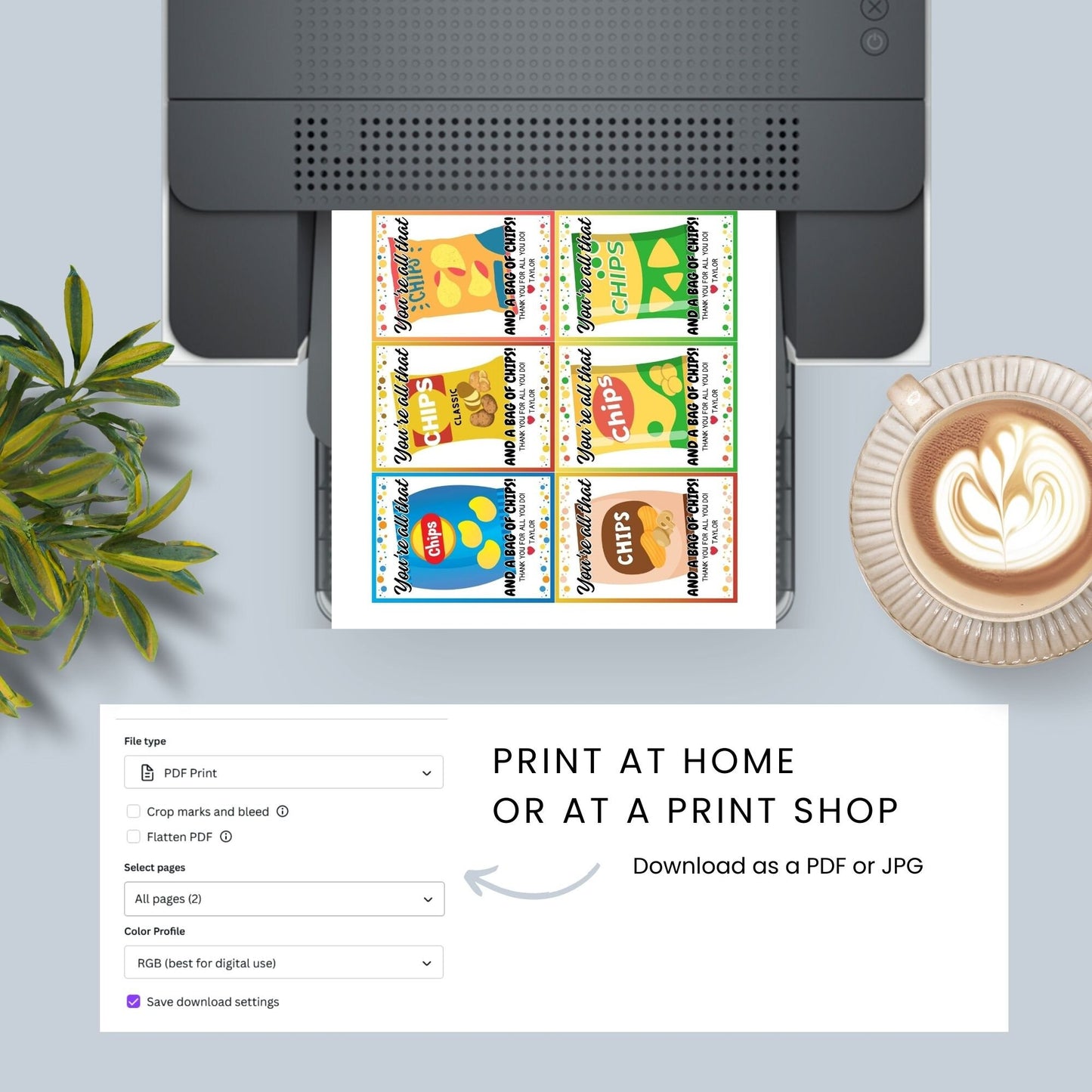 16 designs printable gift tags with various chip bag designs, with the phrase Youre all that and a bag of chips! Thank you for all you do! Editable name slot included.