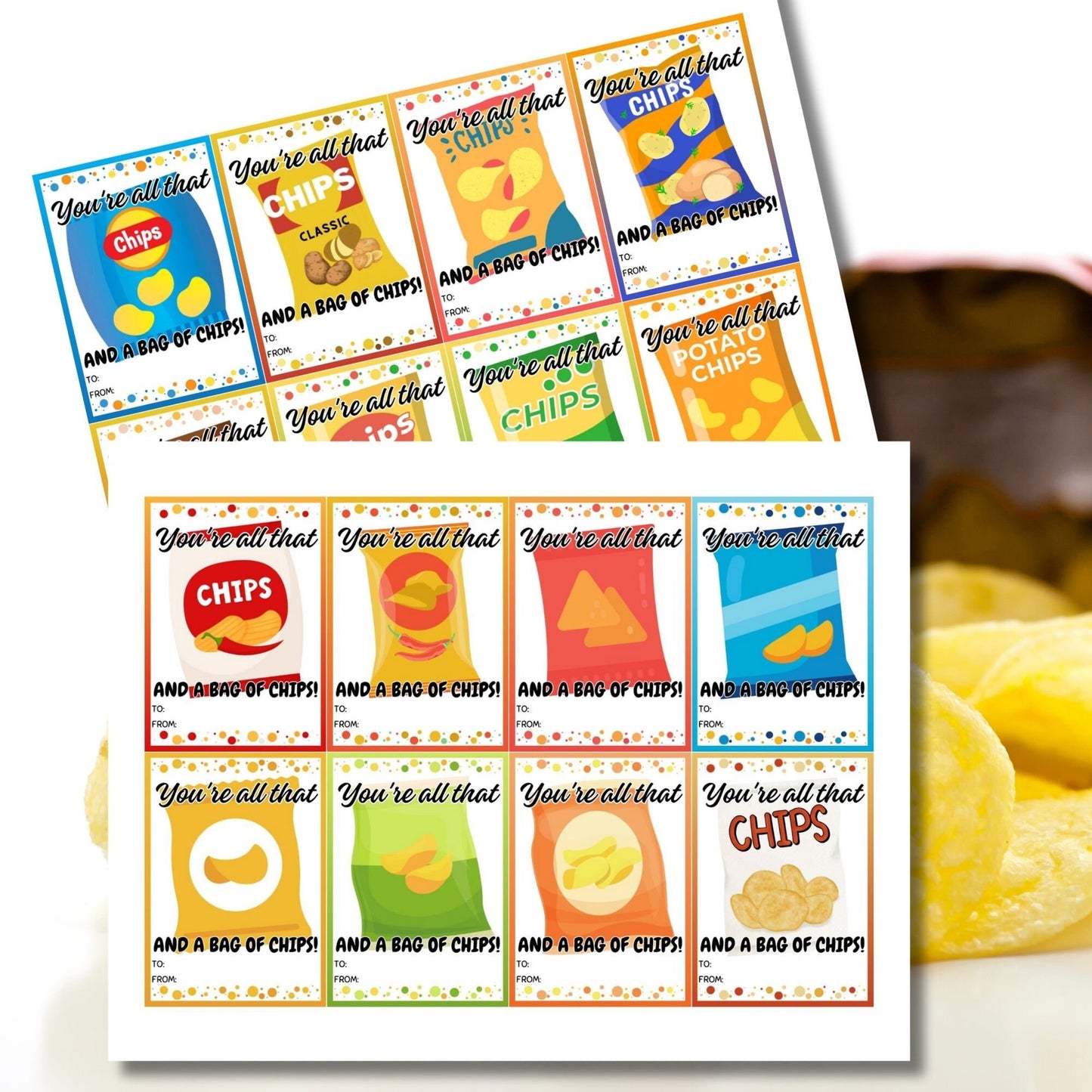 16 designs printable gift tags with various chip bag designs, with the phrase Youre all that and a bag of chips! Thank you for all you do! Editable name slot included.
