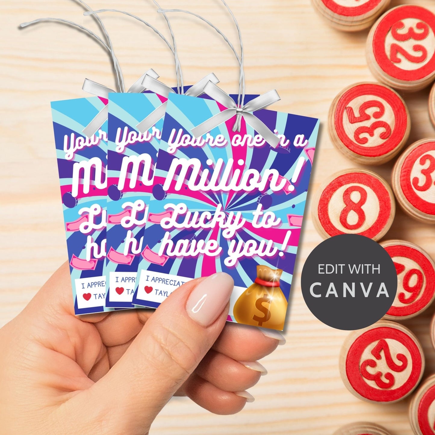 Vibrant You're One in a Million Lucky to Have You lotto-themed gift tags with editable name field, in striking pink and blue hues.