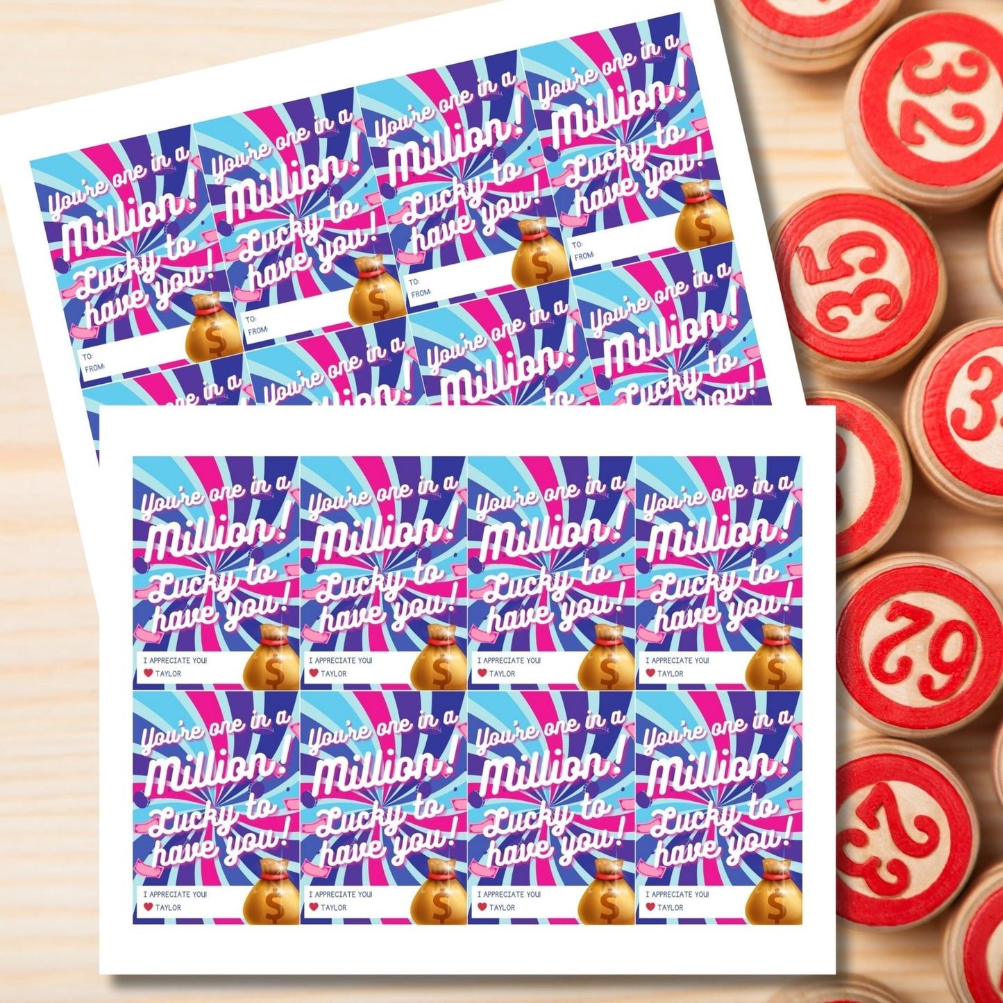 Vibrant You're One in a Million Lucky to Have You lotto-themed gift tags with editable name field, in striking pink and blue hues.