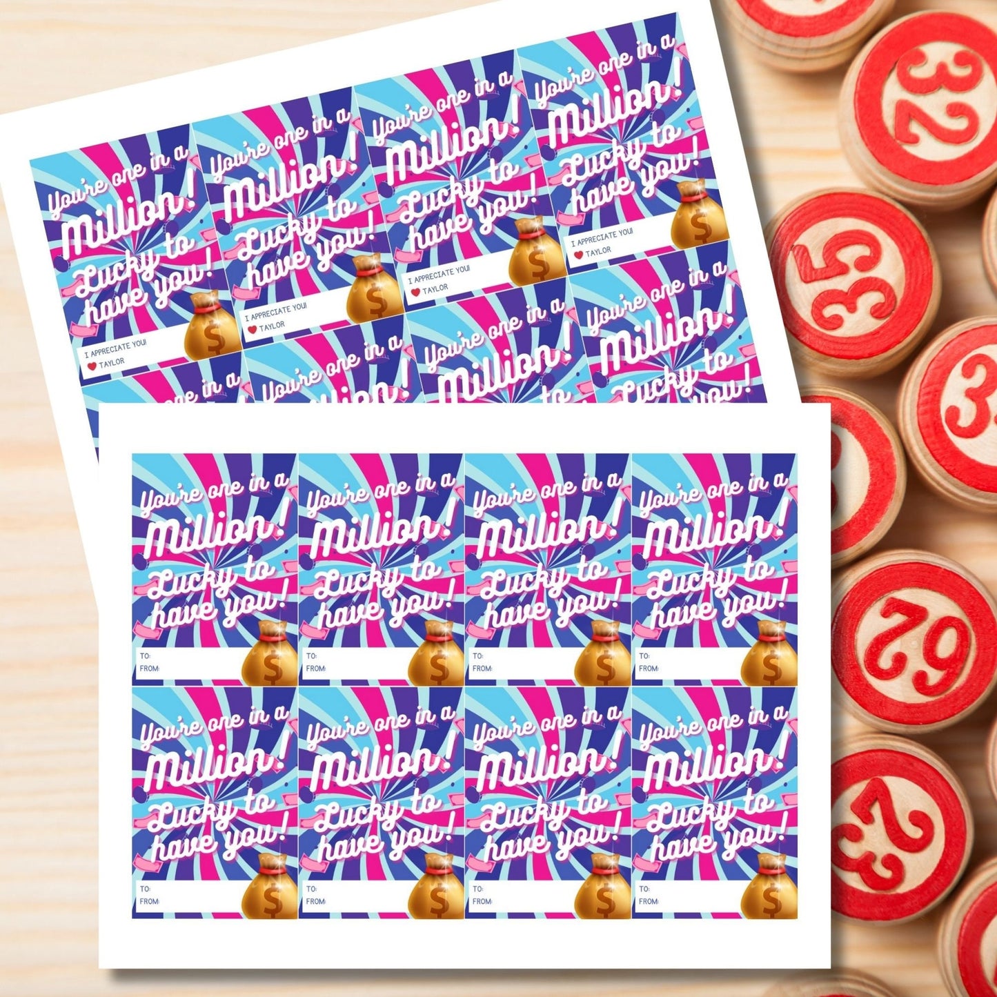 Vibrant You're One in a Million Lucky to Have You lotto-themed gift tags with editable name field, in striking pink and blue hues.