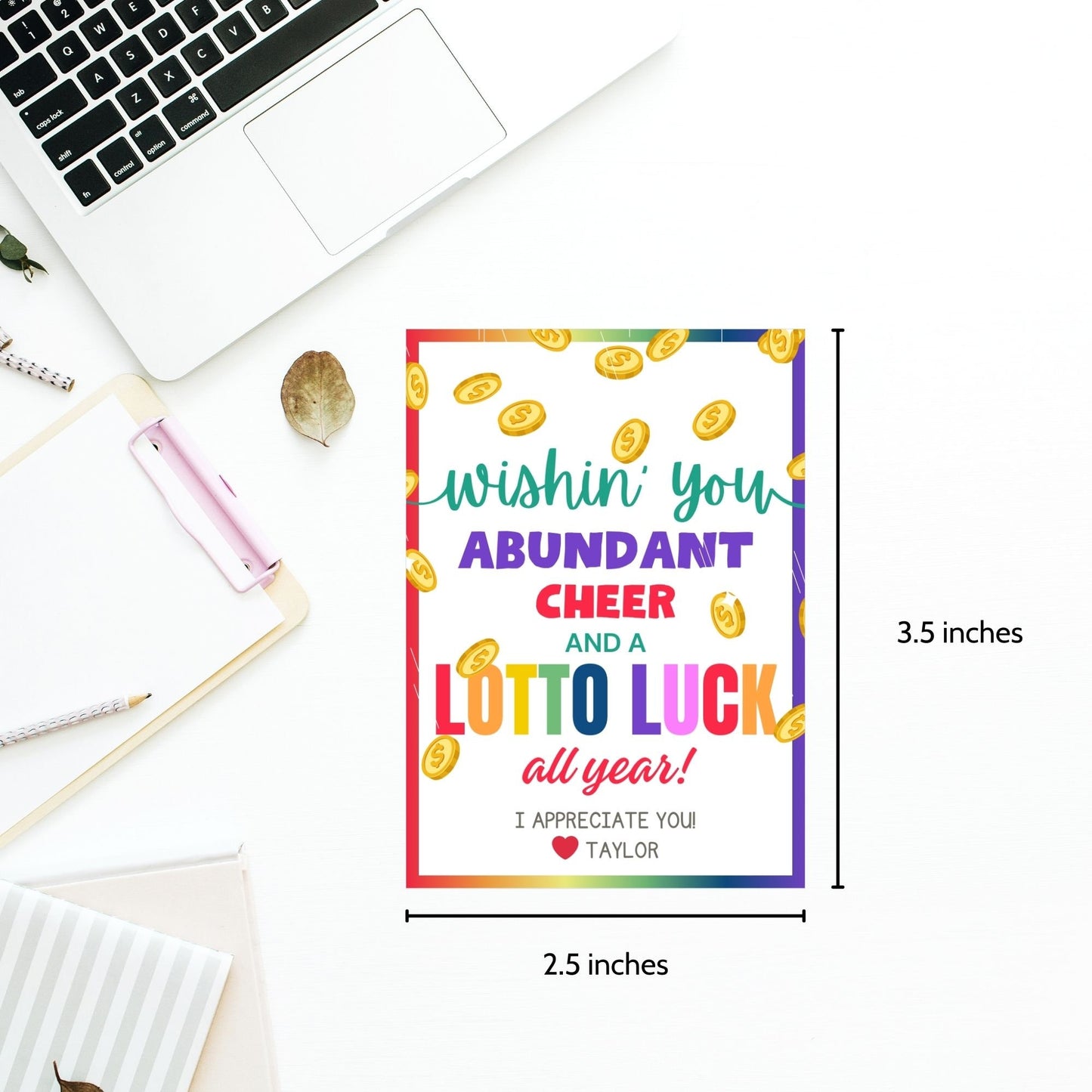 Colorful Wishin you abundant cheer and a lotto luck all year!' gift tags, editable for personalization, adorned with golden coins.