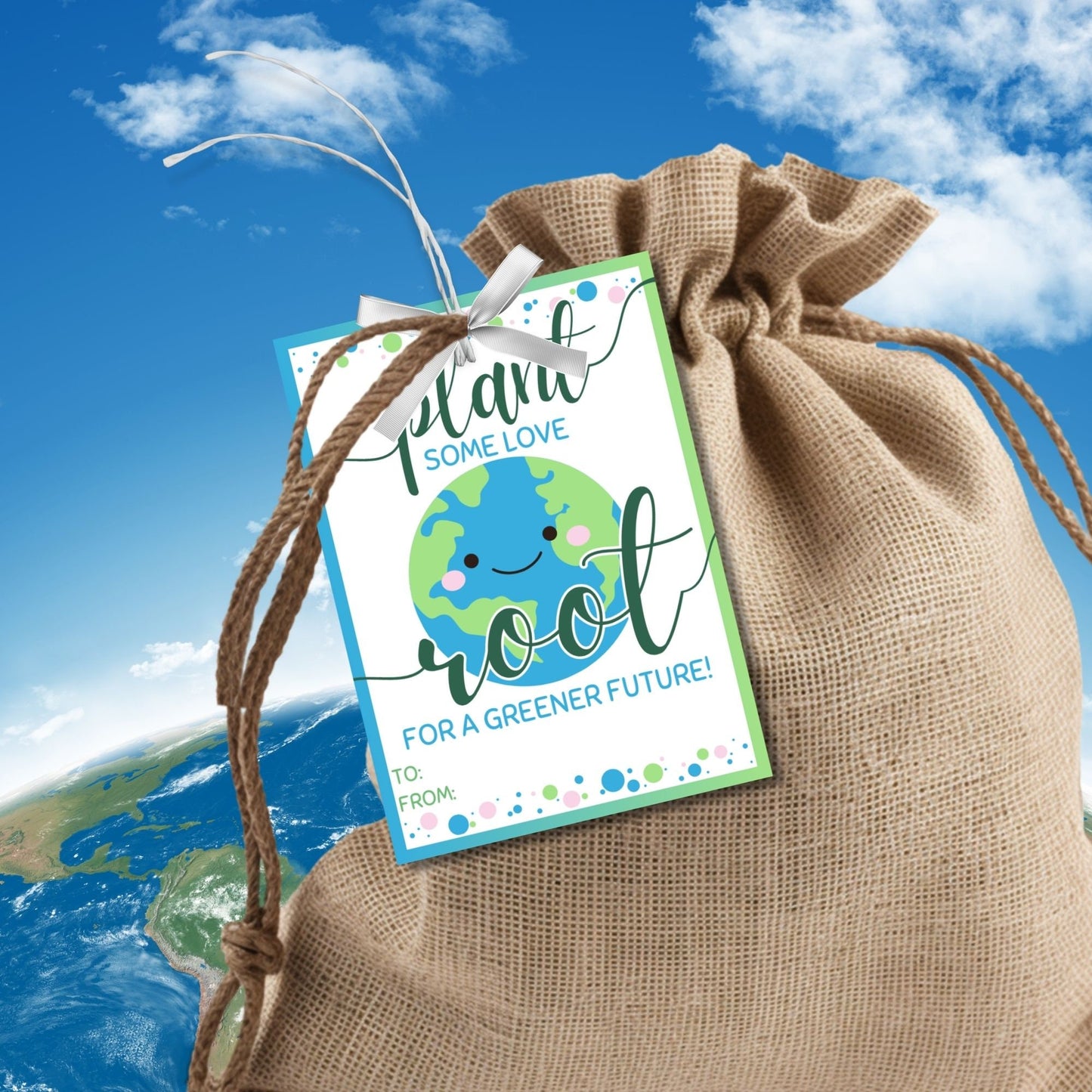 A set of eight colorful gift tags with a smiling Earth, text Plant some love, root for a greener future! Happy Earth Day! From, Isabella and decorative dots.