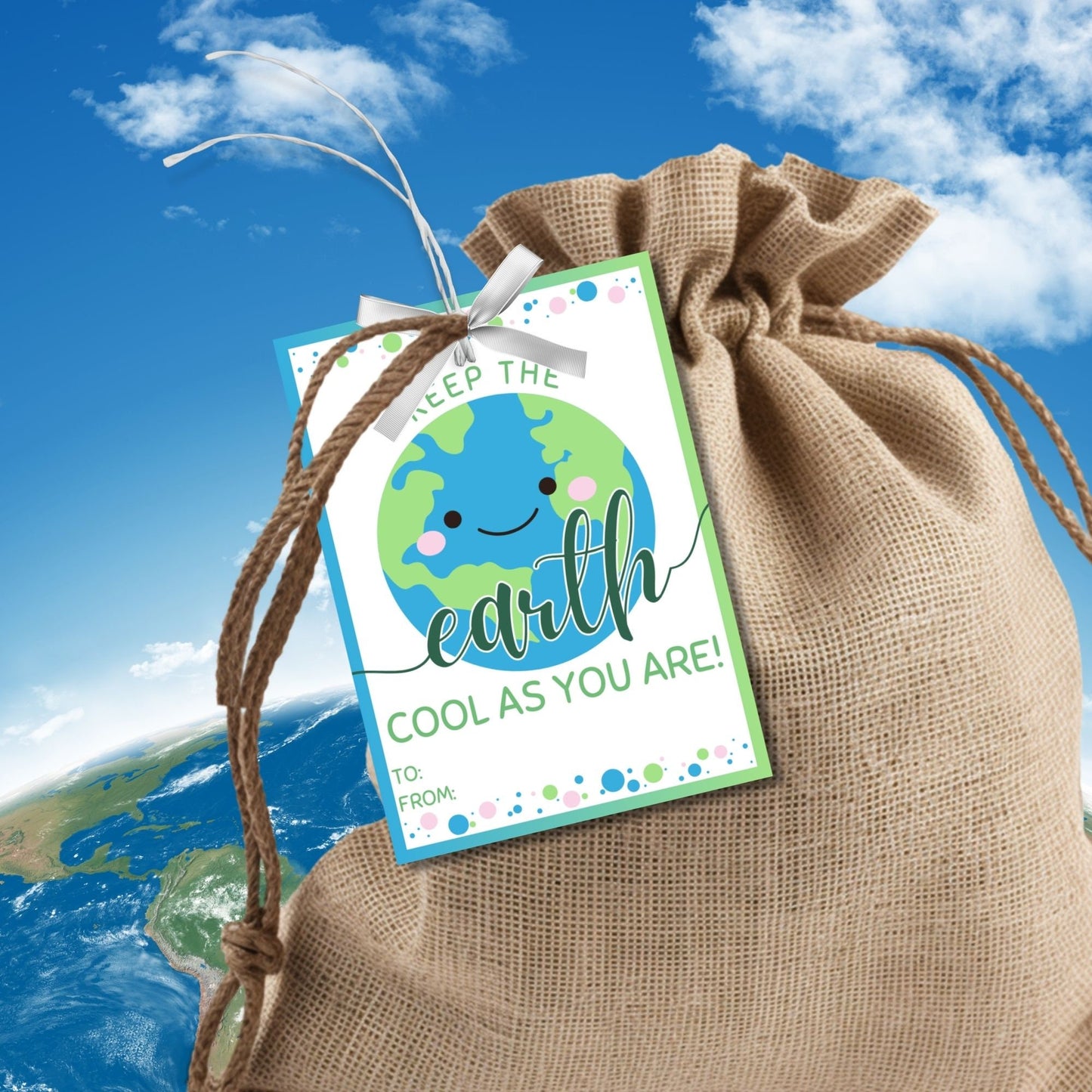 A set of eight colorful gift tags with a smiling Earth, text Kepp the earth cool as you are! Happy Earth Day! From, Isabella and decorative dots.