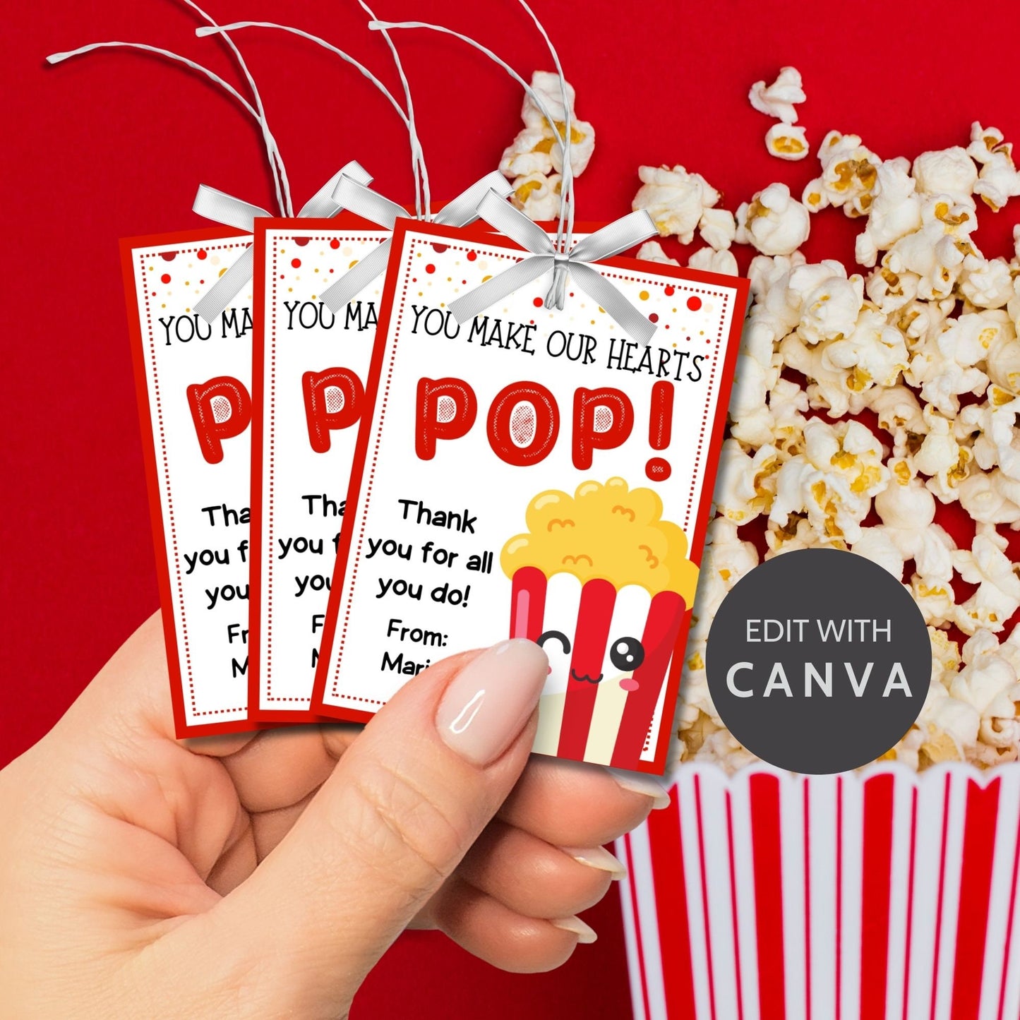 Colorful popcorn-themed You Make Our Hearts POP! gift tags, ready to print with editable name field for personalized appreciation messages.