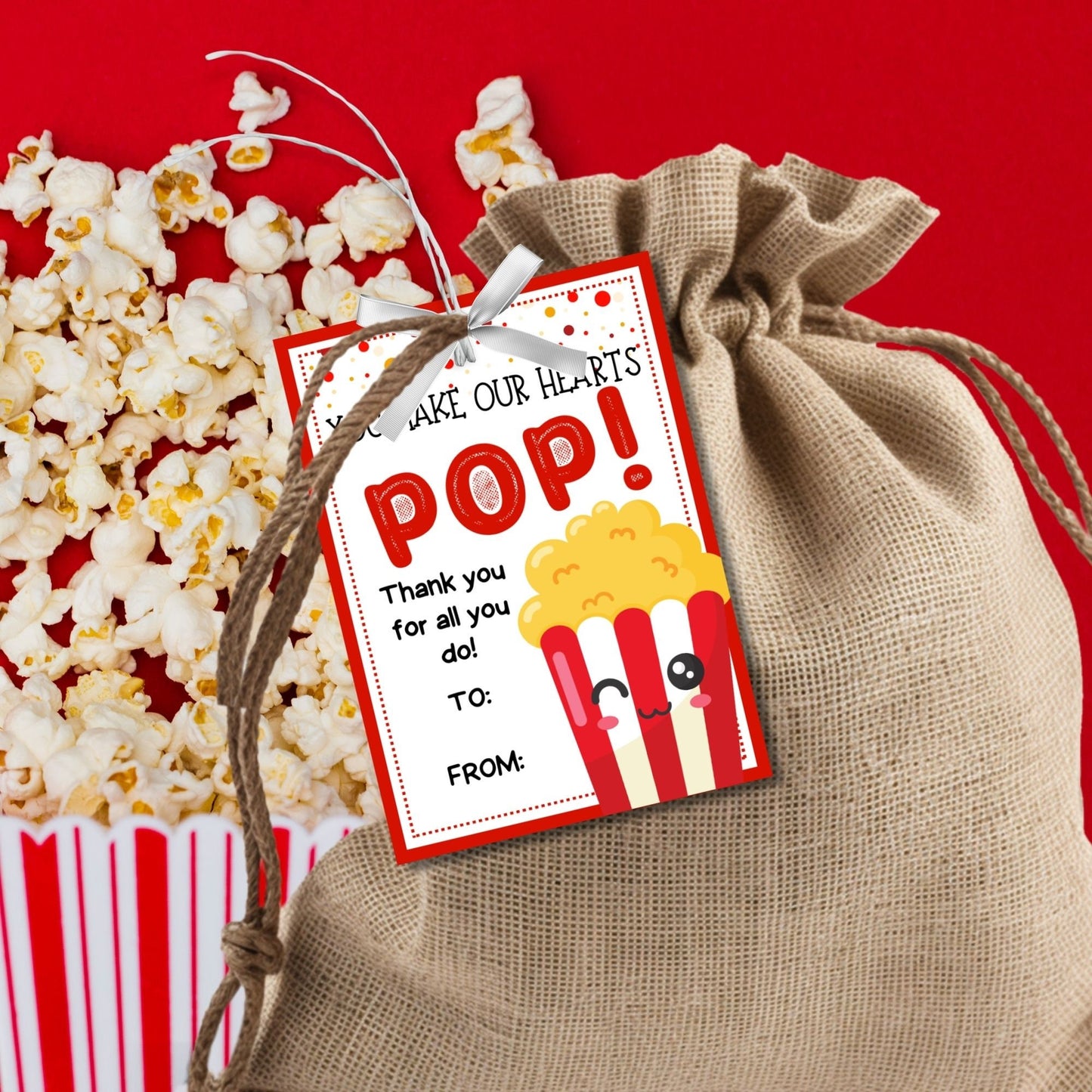 Colorful popcorn-themed You Make Our Hearts POP! gift tags, ready to print with editable name field for personalized appreciation messages.