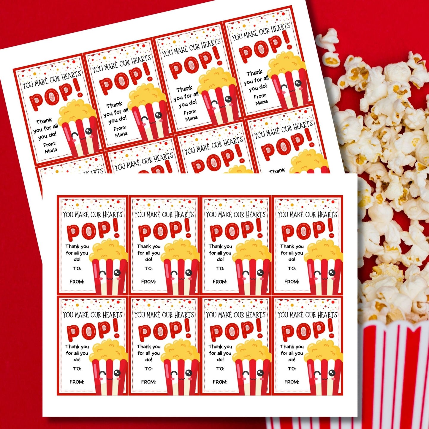 Colorful popcorn-themed You Make Our Hearts POP! gift tags, ready to print with editable name field for personalized appreciation messages.