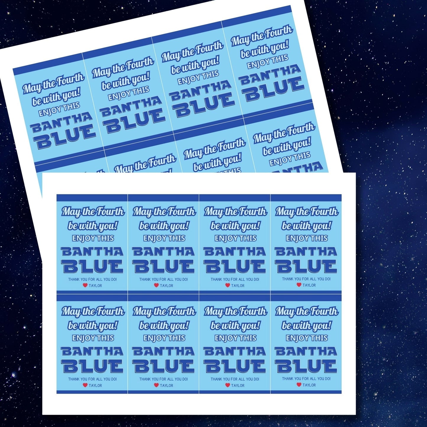 Digital gift tags featuring Bantha Blue greetings in blue hues with space theme.