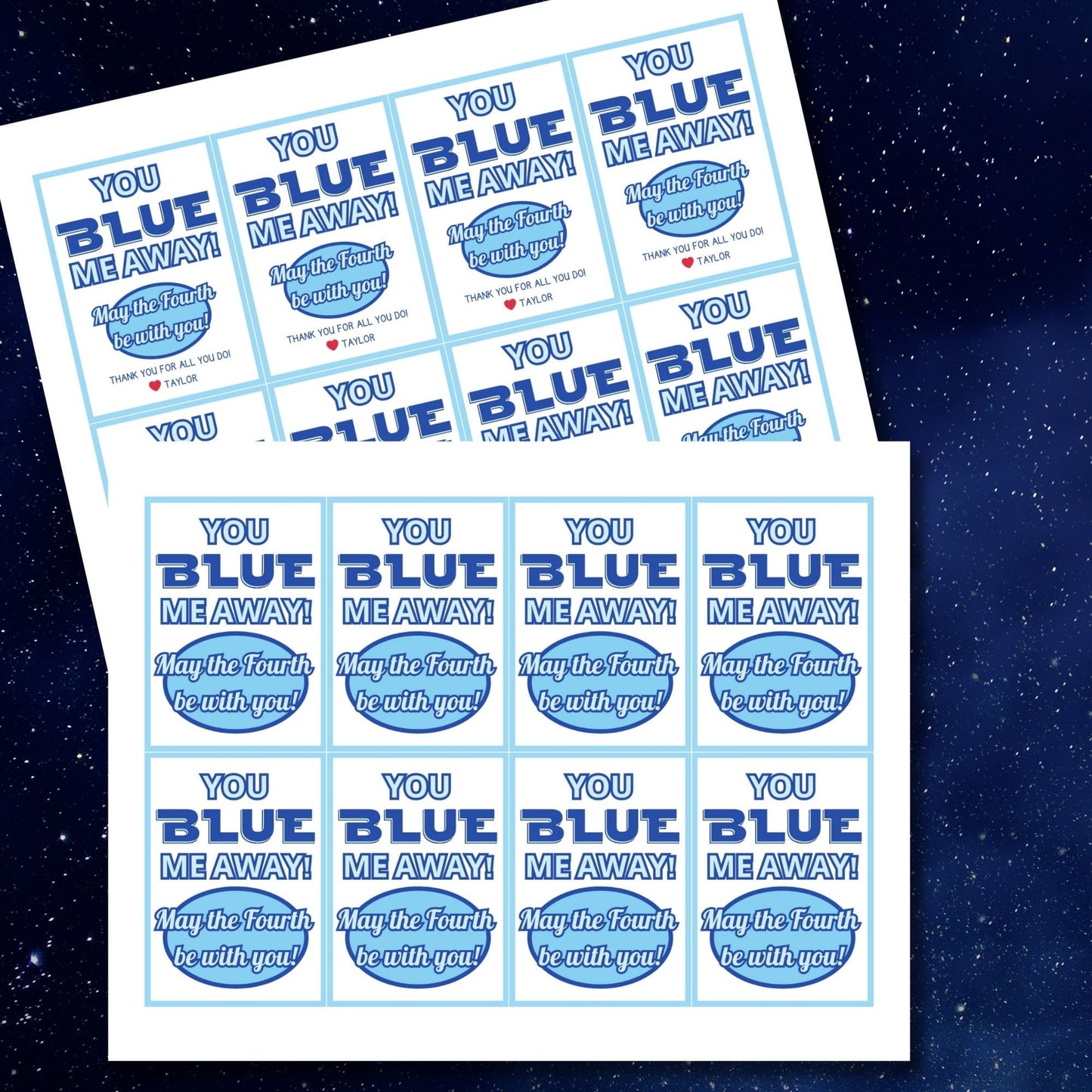 Digital gift tags featuring Bantha Blue greetings in blue hues with space theme.