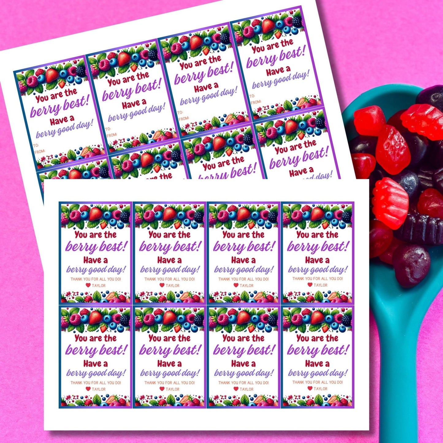 Colorful You are the berry best! Have a berry good day! gift tags with lush fruit designs, editable for a personal touch
