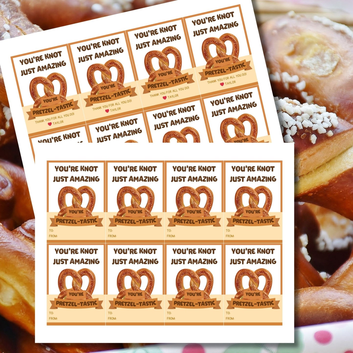 Whimsical You're knot just amazing you're pretzel-tastic! pretzel-themed gift tags, editable in Canva for a heartfelt thank-you snack.