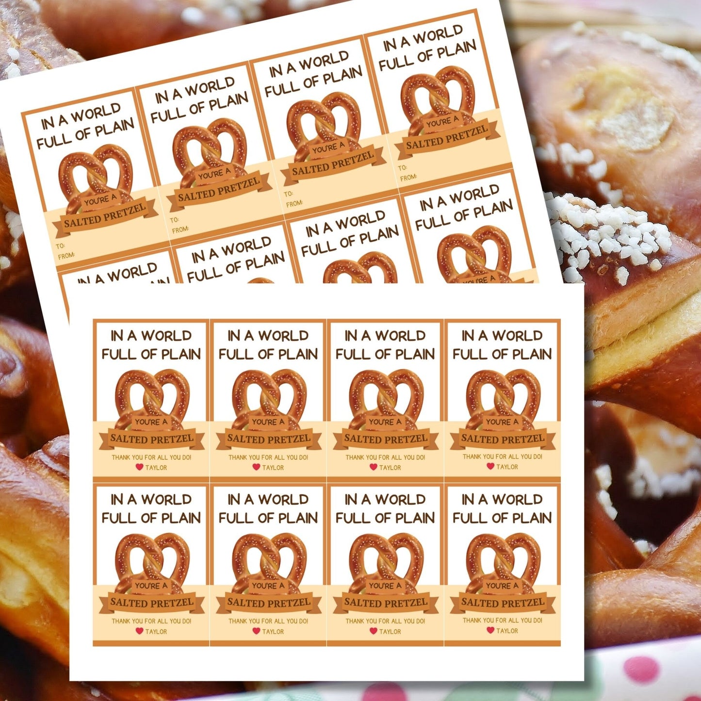 Whimsical In a World Full of Plain Youre a Salted Pretzel! pretzel-themed gift tags, editable in Canva for a heartfelt thank-you snack.