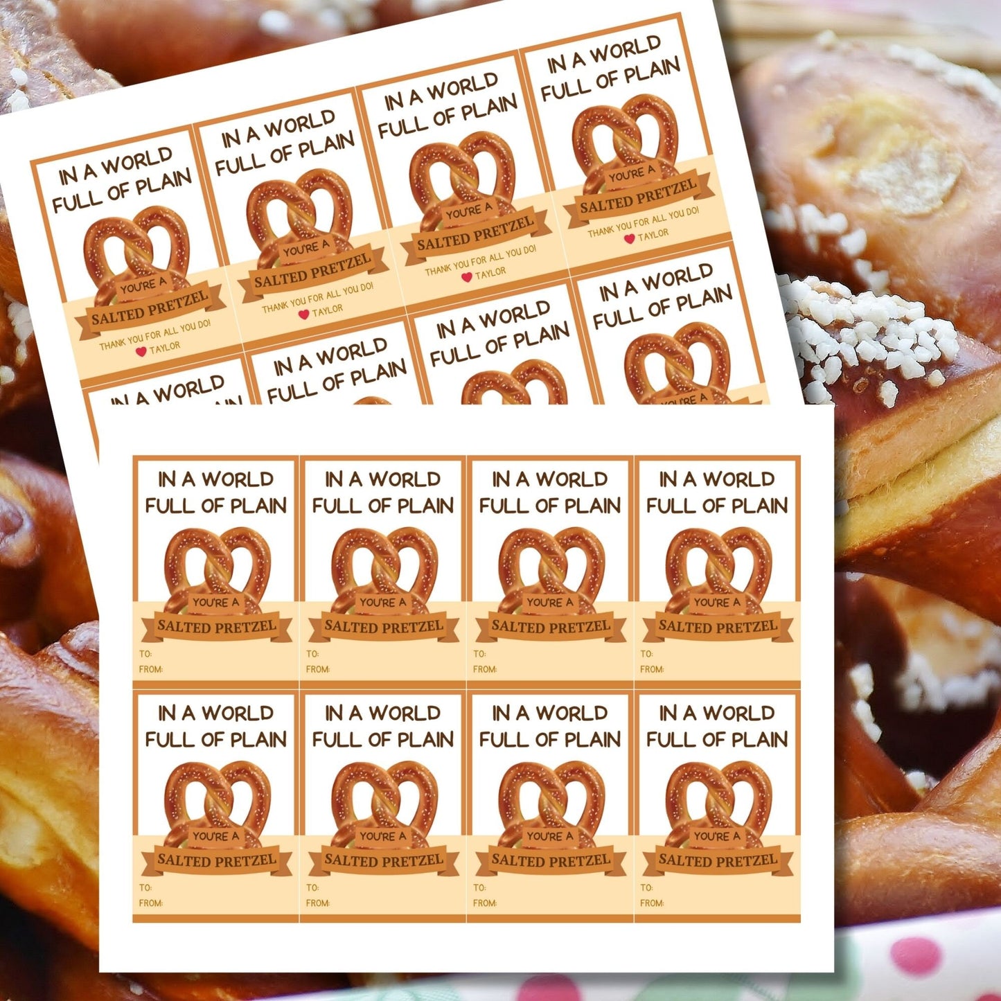 Whimsical In a World Full of Plain Youre a Salted Pretzel! pretzel-themed gift tags, editable in Canva for a heartfelt thank-you snack.