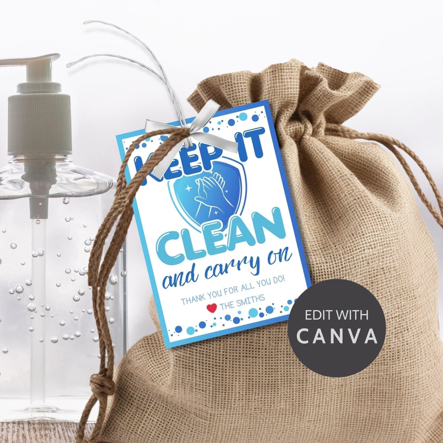 Hand Sanitizer Gift Tag that say Keep It Clean and Carry On