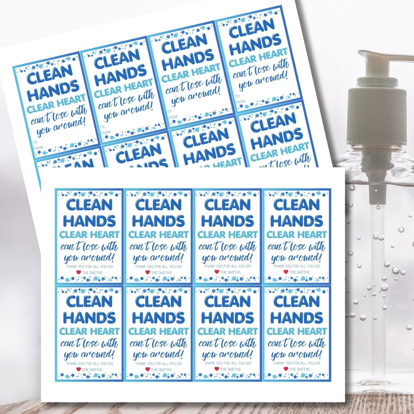 Hand Sanitizer Gift Tag that say Clean Hands Clear Heart Cant Lose With You Around