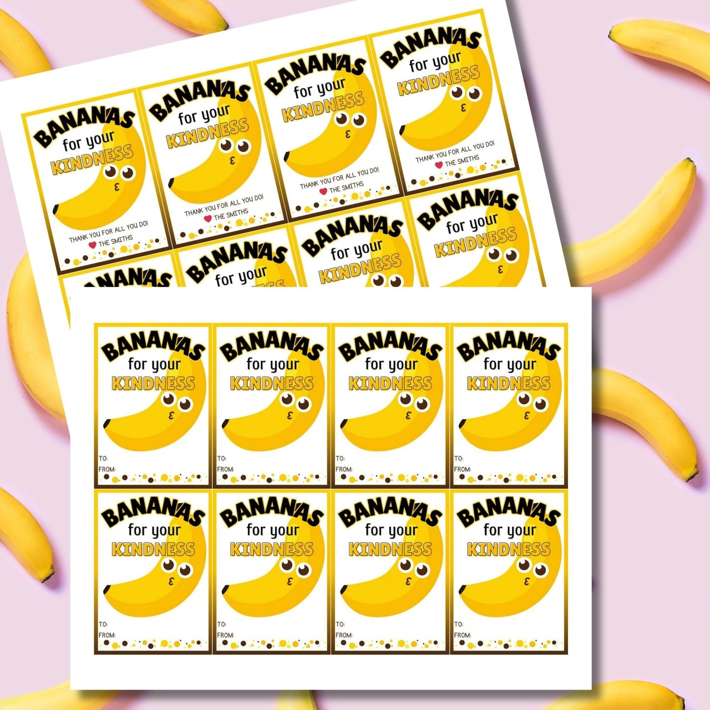 Cheerful Bananas for Your Kindness yellow banana gift tags with editable names on Canva, perfect for showing heartfelt gratitude.