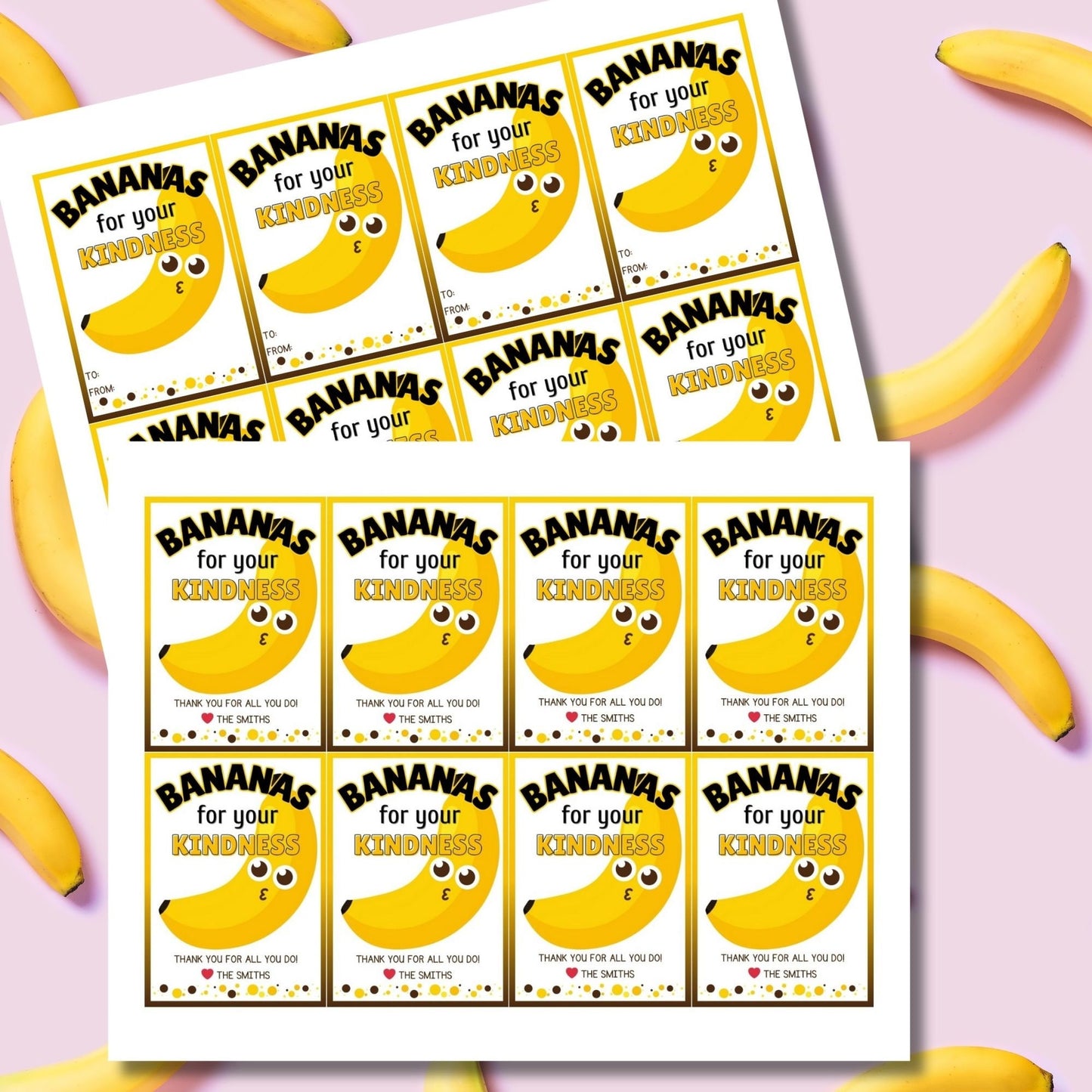 Cheerful Bananas for Your Kindness yellow banana gift tags with editable names on Canva, perfect for showing heartfelt gratitude.