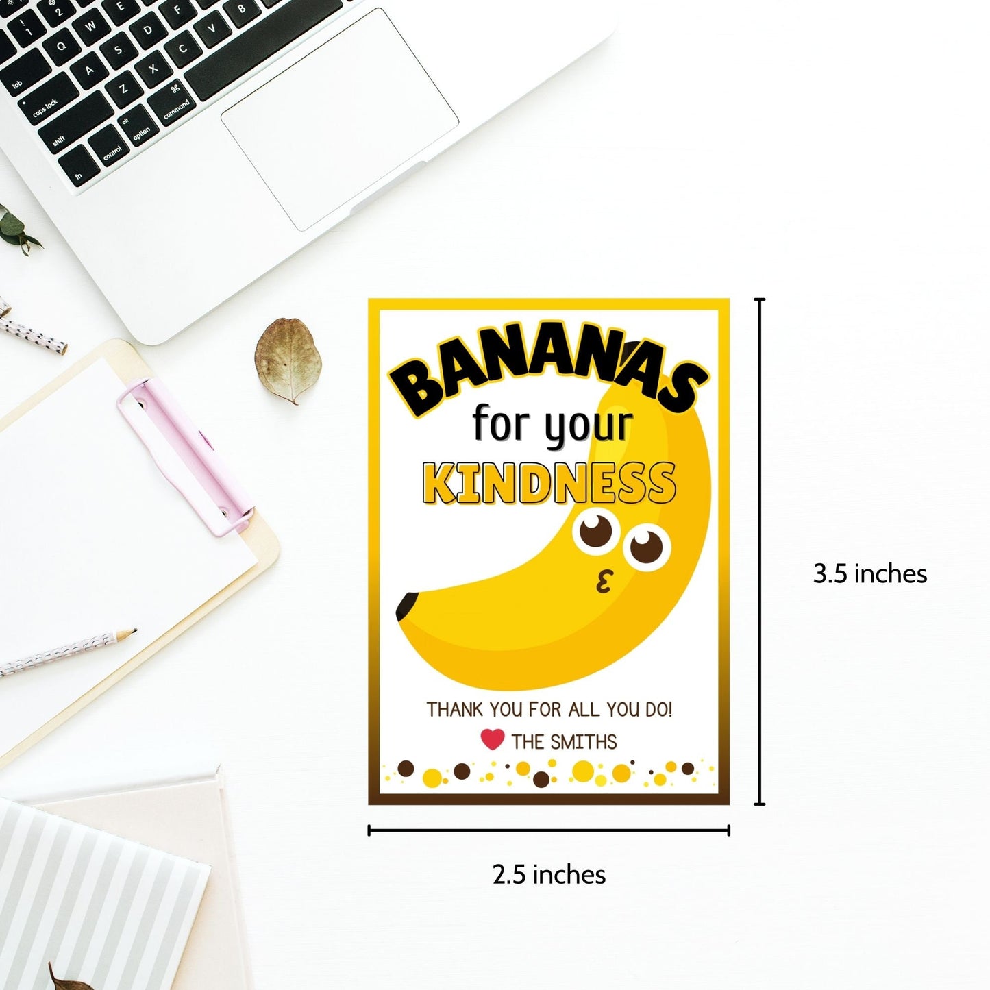 Cheerful Bananas for Your Kindness yellow banana gift tags with editable names on Canva, perfect for showing heartfelt gratitude.