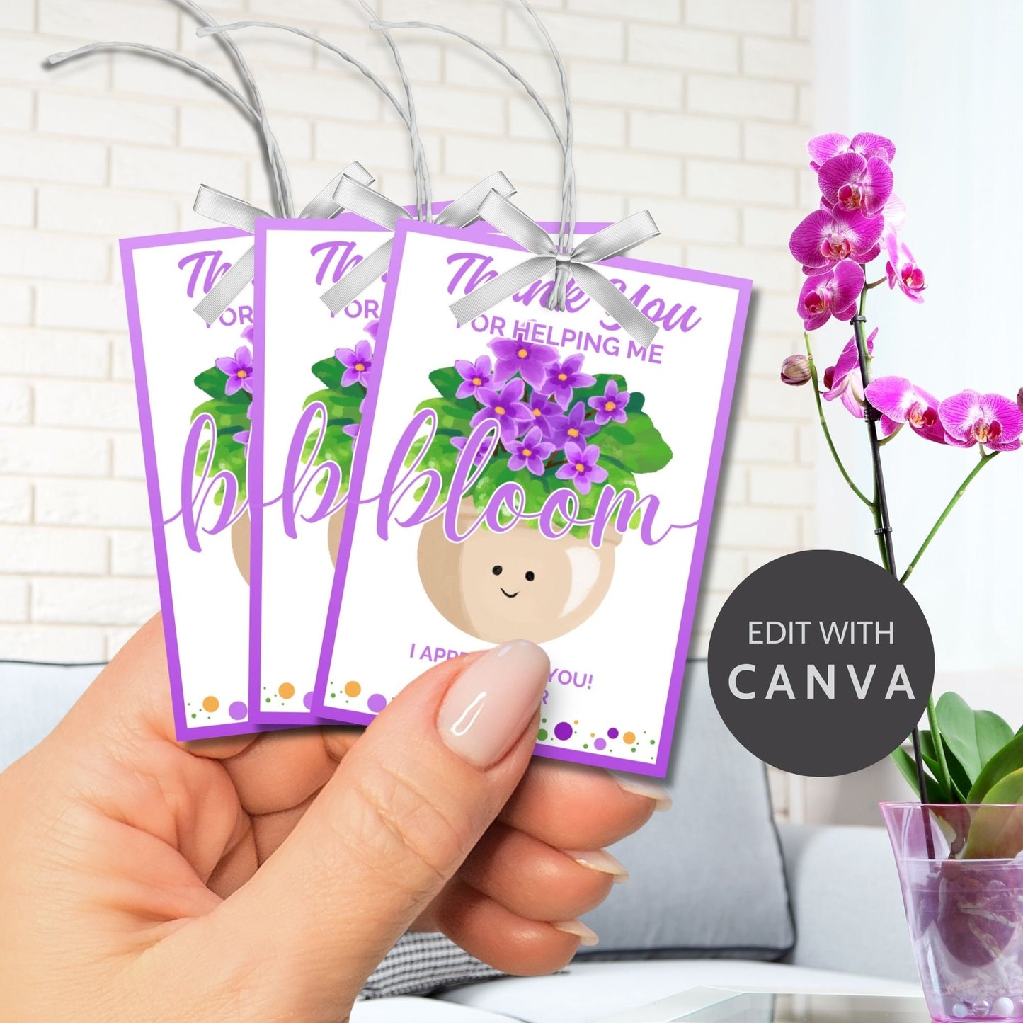 Vibrant Thank You for Helping Me Bloom gift tags featuring cheerful pot and violet flower design with editable name option on Canva, ideal for showing gratitude.