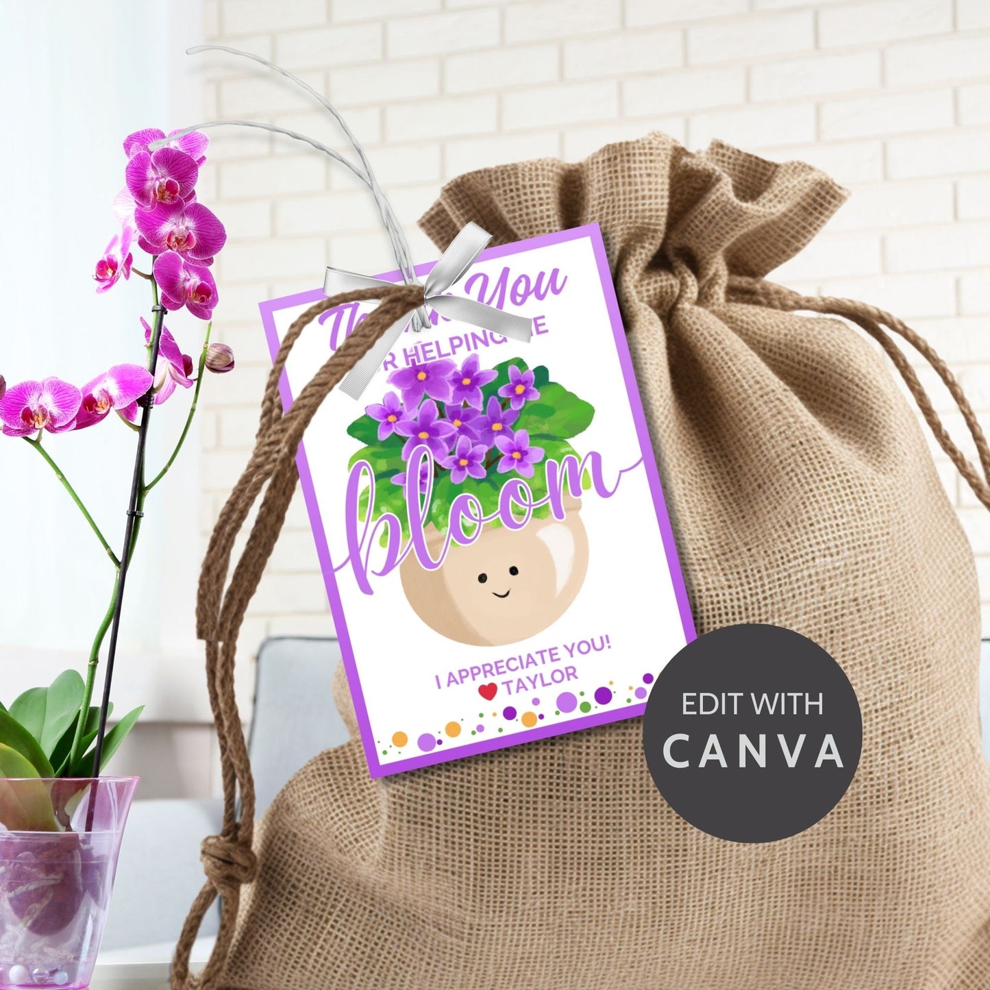 Vibrant Thank You for Helping Me Bloom gift tags featuring cheerful pot and violet flower design with editable name option on Canva, ideal for showing gratitude.