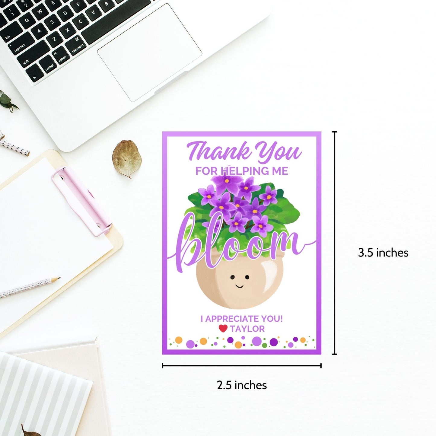 Vibrant Thank You for Helping Me Bloom gift tags featuring cheerful pot and violet flower design with editable name option on Canva, ideal for showing gratitude.